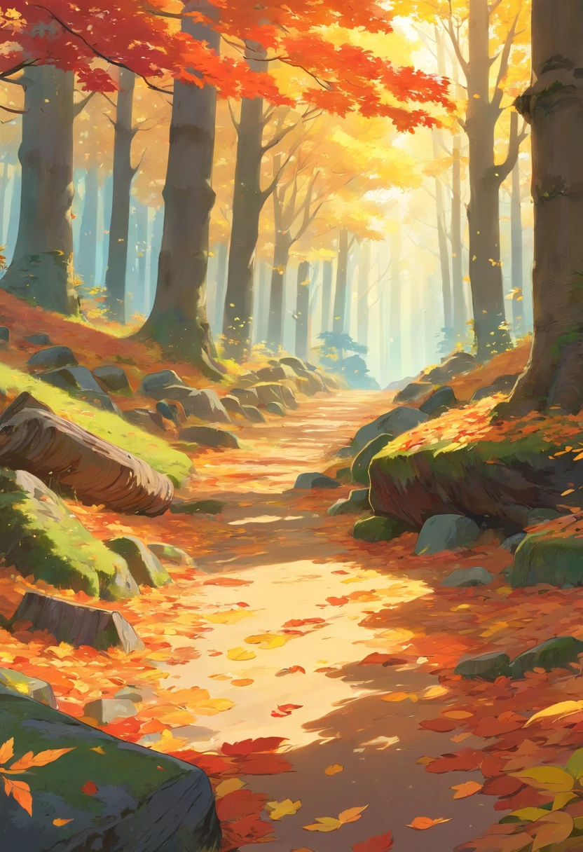 best quality,ultra-detailed,realistic,landscape,autumn,beautiful warm colors,sunlight streaming through trees,vibrant foliage,tranquil atmosphere,crisp air,subtle mist,fallen leaves covering the ground,rays of sunlight peeking through the canopy,dappled light,quiet stillness,sturdy tree trunk,majestic branches reaching towards the sky,cascading leaves gently floating in the air,delicate autumn leaf dancing in the wind,rich texture of tree bark,lovely shades of orange,red,and yellow,colorful leaves carpeting the forest floor,whispering sound of rustling leaves,moss-covered rocks and fallen logs,golden hour lighting,peaceful and serene ambience.
