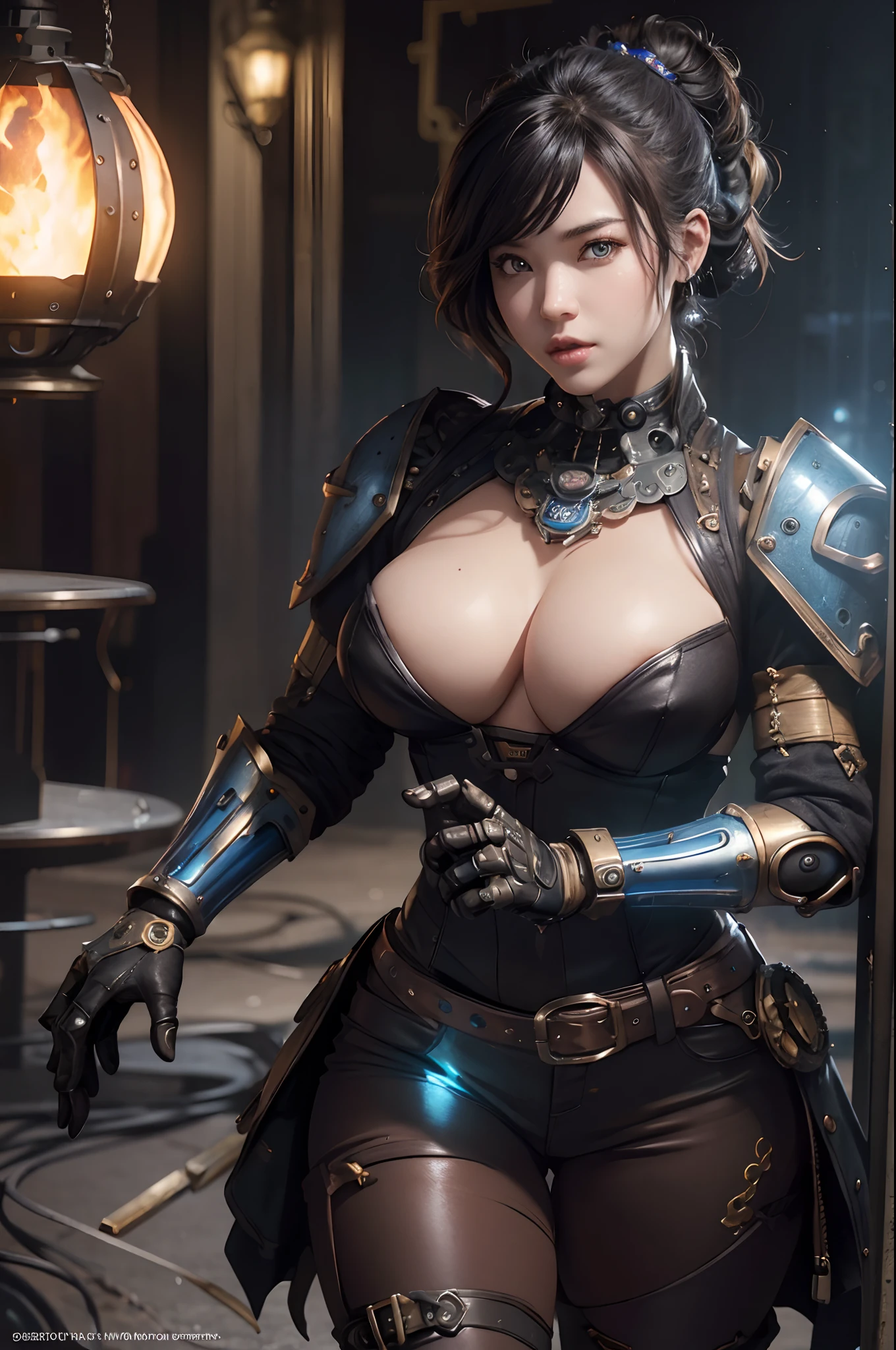 (female), A robot, burly muscular, dazzling, mechanical fists clenched, chest shining blue. In addition to the anger, the real scenery is mixed in, and the shooting style is like a blockbuster movie. All elemental coordinates are lit, including metallic texture (1.8x strength), excess detail (2x enhancement), ultra-high resolution (1.6x enhancement), and carbon fiber (1.6x strengthened), ((steampunk))