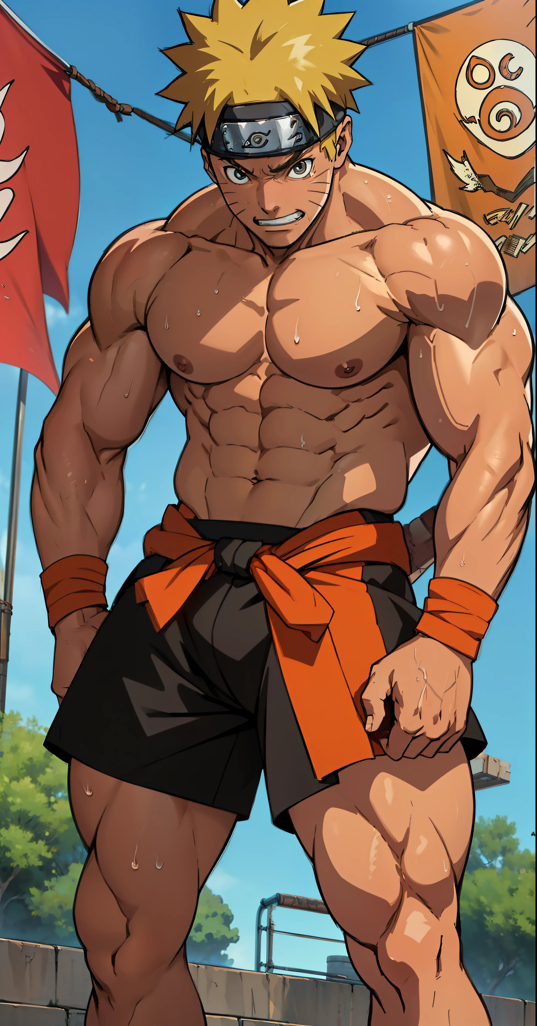 (Full body) (photo subject: Close-up of muscular thigh muscles ) (photo angle from bottom up)(Drawings of Naruto anime) (photo angle from the ground upwards) [Anime photo][highest quality photo][4k,HD photo quality ] wear tight and short loincloths   (muscular thigh muscles, firm thigh muscles, muscular thigh muscles, sinewy thigh muscles, giant thigh muscles, strong leg muscles, muscular hamstring leg muscles) ,Uzumaki Naruto fun, happy,bodybuilder,bodybuilding, standing, red skin,reddish brown skin, lots of sweat flowing down, topless, shirtless, hot sunny, (do not wear banners,do not wear headbands)