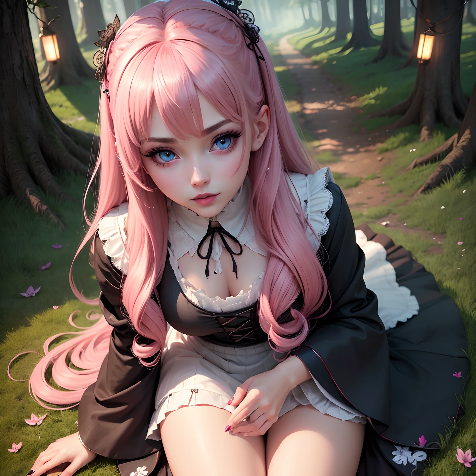 (masterpiece, highres, high quality:1.2), intricate details, cinematic lighting, A stern girl in Japanese maid's clothes, long stockings sits on the grass, magic forest, anime drawing , gothic pixiv style , pink hair, blue eyes, ocean color eyes, high-quality, fireflies fly, Pink hair, very long hair, hair intakes, makeup, lipstick, eyelashes, ultra detailed eyes, ultra detailed face, ultra detailed lips, ultra detailed lipstick, ultra detailed makeup, magic forest, full body, hide hands