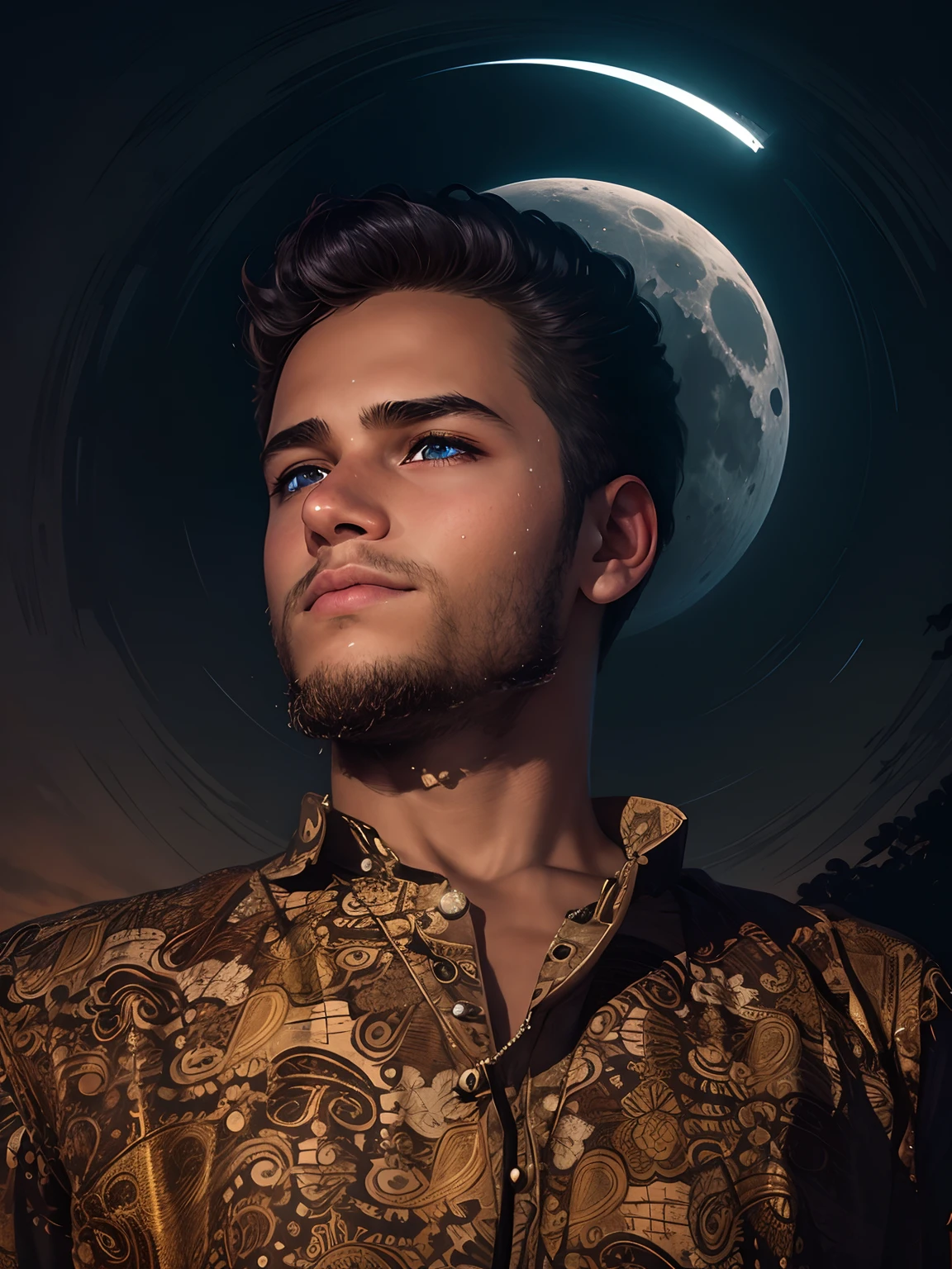 A boy in a beautiful moon light on on eye satisfying nature.