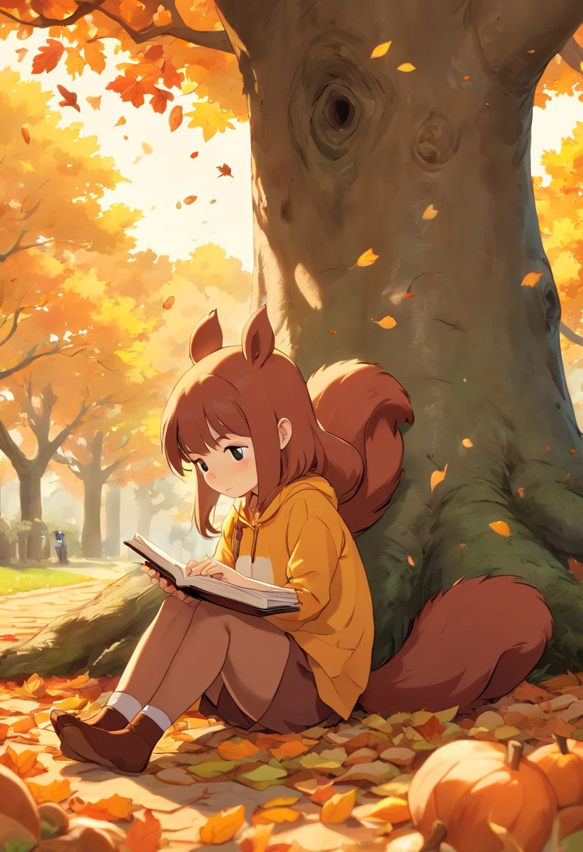 (8K, 16 K, awardwinning, of the highest quality, High resolution, super detailed, Textured skin, Anatomically correct, Photorealistic, Raw photo, masutepiece: 1.3), (1 girl), (Girl dozing off sitting on the ground under a big tree: 1.3), aerial view from above, open book, There are acorns on top of the book, (Squirrels stealing acorns: 1.2), Trees with autumn leaves々, idyllic scenery, Soothing, Autumn, leaves falling, leaning against a tree、Hand Details、finger detailed、A detailed face