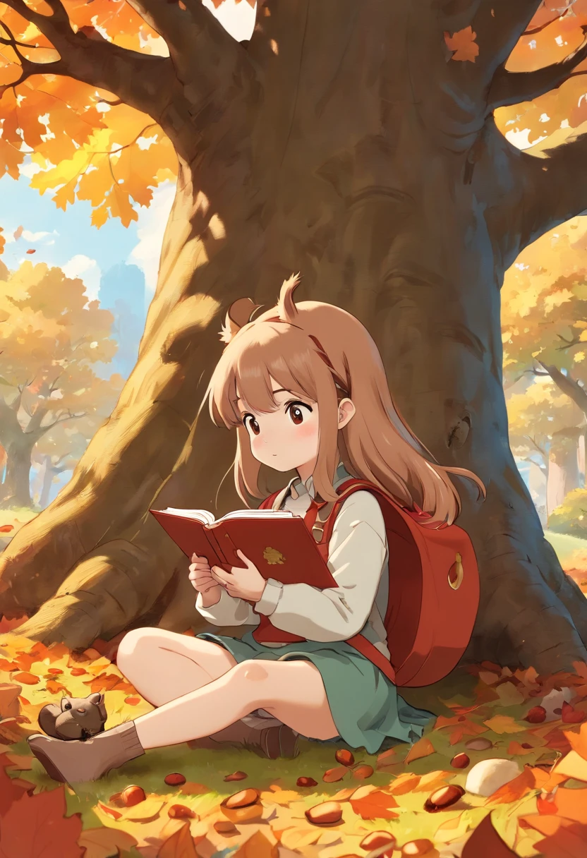 (8K, 16 K, awardwinning, of the highest quality, High resolution, super detailed, Textured skin, Anatomically correct, Photorealistic, Raw photo, masutepiece: 1.3), (1 girl), (Girl dozing off sitting on the ground under a big tree: 1.3), aerial view from above, open book, There are acorns on top of the book, (Squirrels stealing acorns: 1.2), Trees with autumn leaves々, idyllic scenery, Soothing, Autumn, leaves falling, leaning against a tree、Hand Details、finger detailed、A detailed face