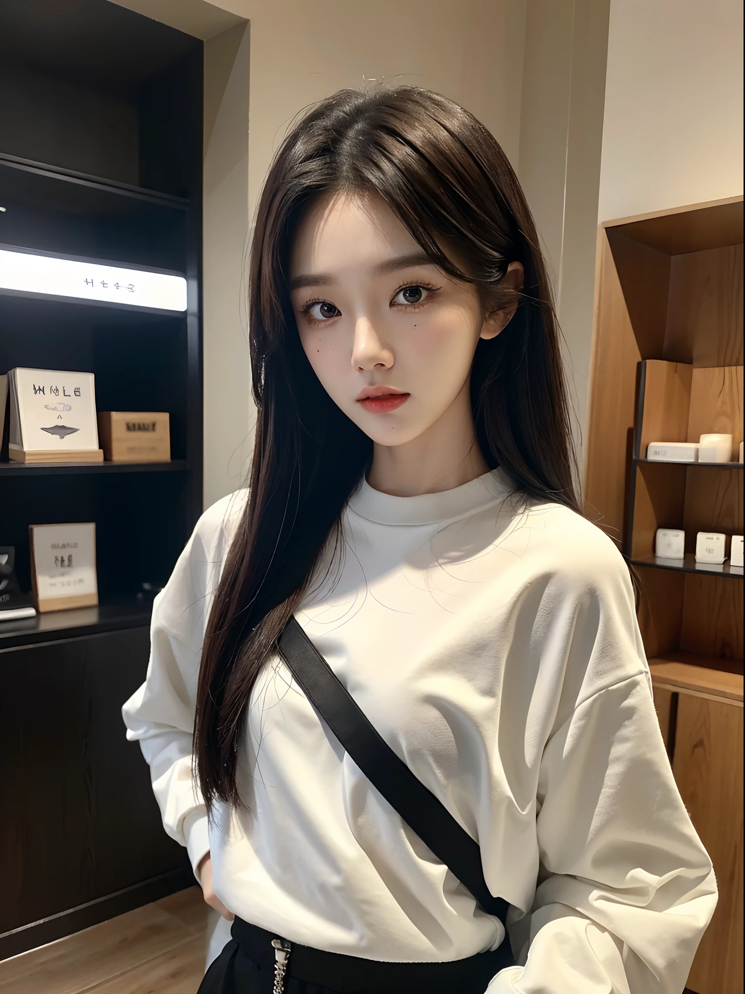 masterpiece、top-quality)、1 beutiful girl、Slim body、((Black and white plain clothes:1.1))、(Detailed beautiful eyes)、Walk around the store、((Boyish Brown Medium Hair))、((Smaller face))、((Neutral face))、((Face seen from the side))、((Light brown eyes))、((Korean Girl))、((18year old))、((cool lady))、((Wild look))、((Korean Makeup))、((elongated and sharp eyes))、((Happy dating))、((looking distantly))、((boyish))、((Shot from the same height as your face))、((Shorter than the viewer))、((She is walking in front of the viewer))、((Happy to be spoiled by viewers))
