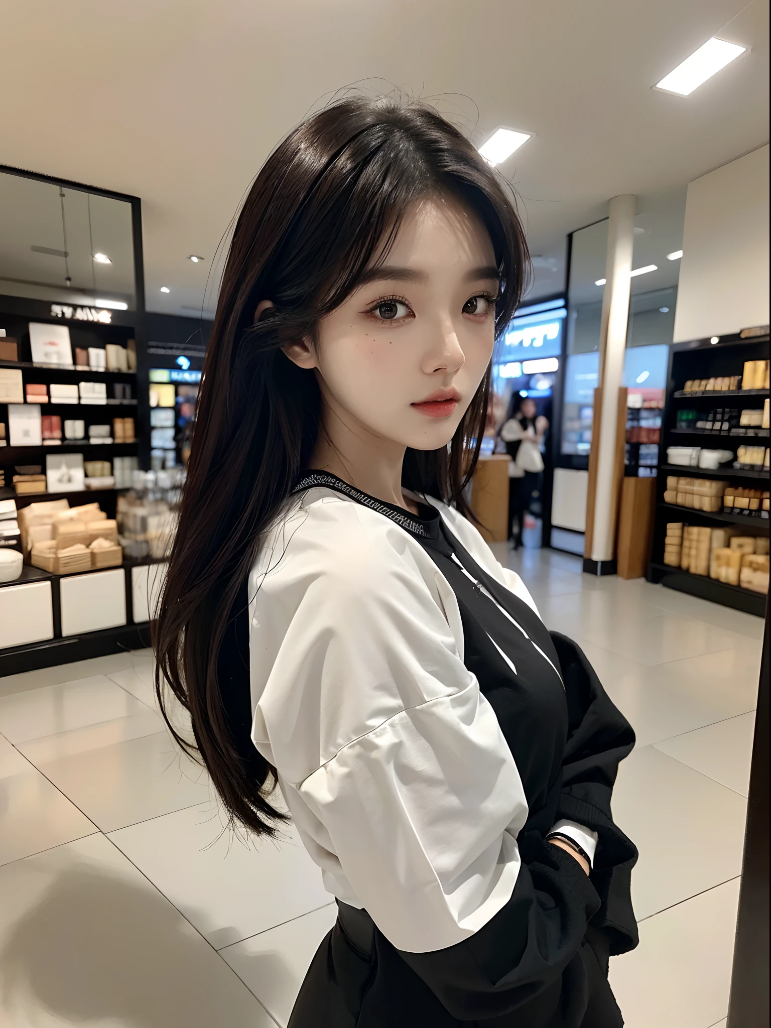 masterpiece、top-quality)、1 beutiful girl、Slim body、((Black and white plain clothes:1.1))、(Detailed beautiful eyes)、Walk around the store、((Boyish Brown Medium Hair))、((Smaller face))、((Neutral face))、((Face seen from the side))、((Light brown eyes))、((Korean Girl))、((18year old))、((cool lady))、((Wild look))、((Korean Makeup))、((elongated and sharp eyes))、((Happy dating))、((looking distantly))、((boyish))、((Shot from the same height as your face))、((Shorter than the viewer))、((She is walking in front of the viewer))、((Happy to be spoiled by viewers))