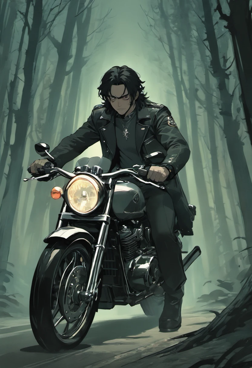 Subject Description: Imagine a detailed comic book art style illustration featuring a vintage heavy man with long hair and a beard riding a Harley Davidson motorcycle through a dark and foreboding forest. The man, resembling a scarred and weathered version of Scarface, exudes a sense of power and determination. He wears shiny leather clothing, including a jacket with a distinct emblem and pants adorned with studs. The motorcycle is shown in dynamic motion, with the man leaning into a turn, creating a sense of speed and excitement. The forest is depicted as a dark and eerie place, with twisted and spiraling tree branches creating a menacing atmosphere. The road is shrouded in fog, adding to the mystery and danger of the scene. A full moon looms in the background, casting an eerie glow on the surroundings. The color palette consists of dark blacks and beiges, enhancing the gritty and noir mood of the image.
Detailed Comic Book, Vintage, Noir
Art Inspirations: The gritty illustrations of Tim Bradstreet, the vintage style of Jock's "The Losers" covers, and the atmospheric art of Dave McKean.
Camera: Long shot
Camera Lens: 70mm
View: Front
Resolution: 4K
Render Style: Bold and dynamic linework with emphasis on lighting and composition