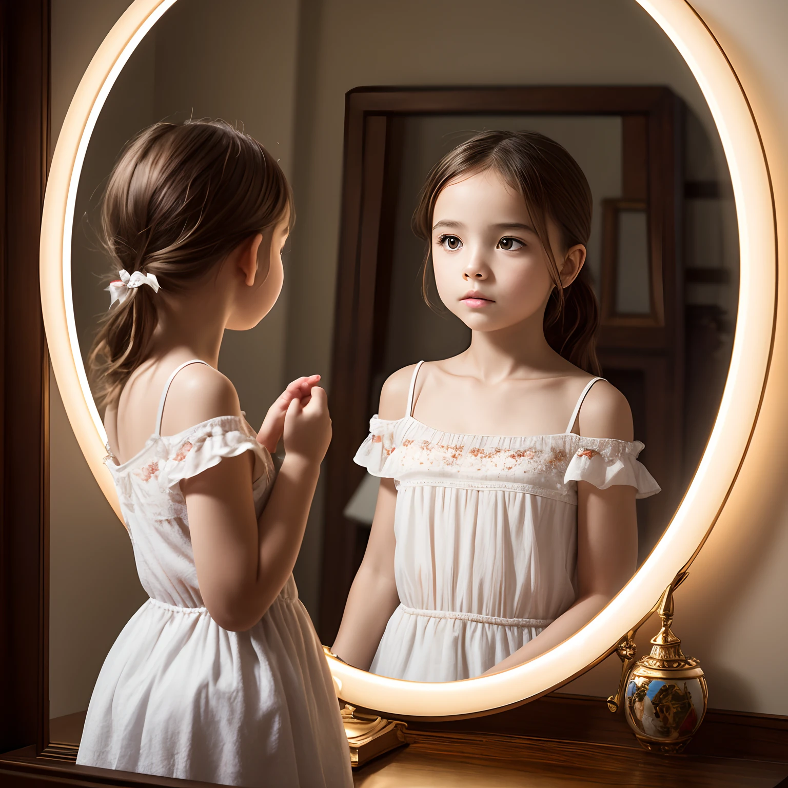 medium:illustartion, Magic Mirror Reflection, vibrant background, clean background, Depth of field, Best Quality, 8K, RAW photo, Masterpiece:1.2, Young girl looking at herself in the mirror, sees an old woman in the reflection
