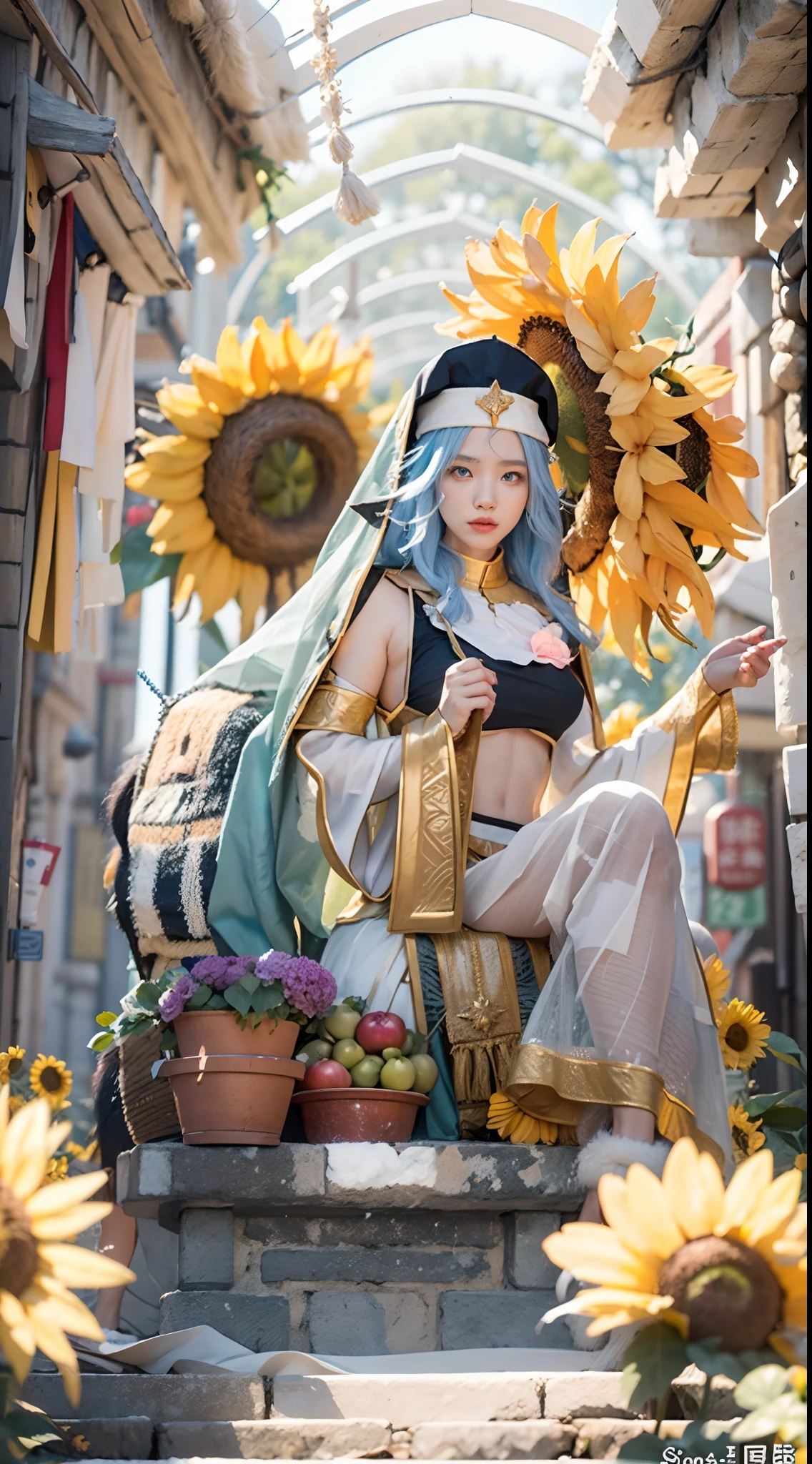 In a very grand scene，The extra-large wide-angle lens captures the appearance of a female centaur。She is a Sunflower Worship nun，Always opposed（Healing emoji smiley face of knitted sunflower puppet😊：99.99）DOA。She is tall，It has the ultimate curvy beauty，The muscles are slender and firm，Beautiful lines。She has（Super huge sky blue eyes：99.99）、always（Wearing sexy glasses：6.66）、（She wears solemn nun attire：9.9）、Stepping on a boot-style skyscraper-heel、A pink cross hangs on his chest。Use Midjourney's advanced tools，Designed for female centaurs（A knitted sunflower puppet and create a super healing cartoon smiley face in the center of the flower tray as a decoration：9.9），and noble and solemn nun costumes，and highlight her unique physiological characteristics and appearance details，Add realism。And in the context of her prayers and listening to confessions，Spectacular views of nature，Such as the sky where storms and sunny days alternate、Brilliant rivers of stars and auroras、The snow-capped summit of Mount Everest、Fireworks in the mountain town, etc。ao mesmo tempo，Away from the hustle and bustle next to the chapel，Create a fantastic scene。Use Midjourney's advanced tools and multiple color palettes、Brush Strokes、Texture tools and model packages，It shows a sense of atmosphere where beauty and charm coexist。The charm of the female centaur is highlighted through color and lines，Enhance realism with detailing，Create a surreal dreamy feeling。Additionally，Use Midjourney's tools to add various exorcism props and books to the female centaur、pergaminhos，Create intricate hairstyles and outfits，Give her a sense of premium。She never flinches，No matter what monster you encounter，can respond quickly，Even the most extreme armies of natural disasters and monsters could not stop her and her front（Sunflower with Tyndall effect that emits sunlight9.99）。Use Midjourney's powerful tools，You can do it with incredible detail and beauty，Bring this ultra-grand and beautiful scene to life。Ultra-grand sc