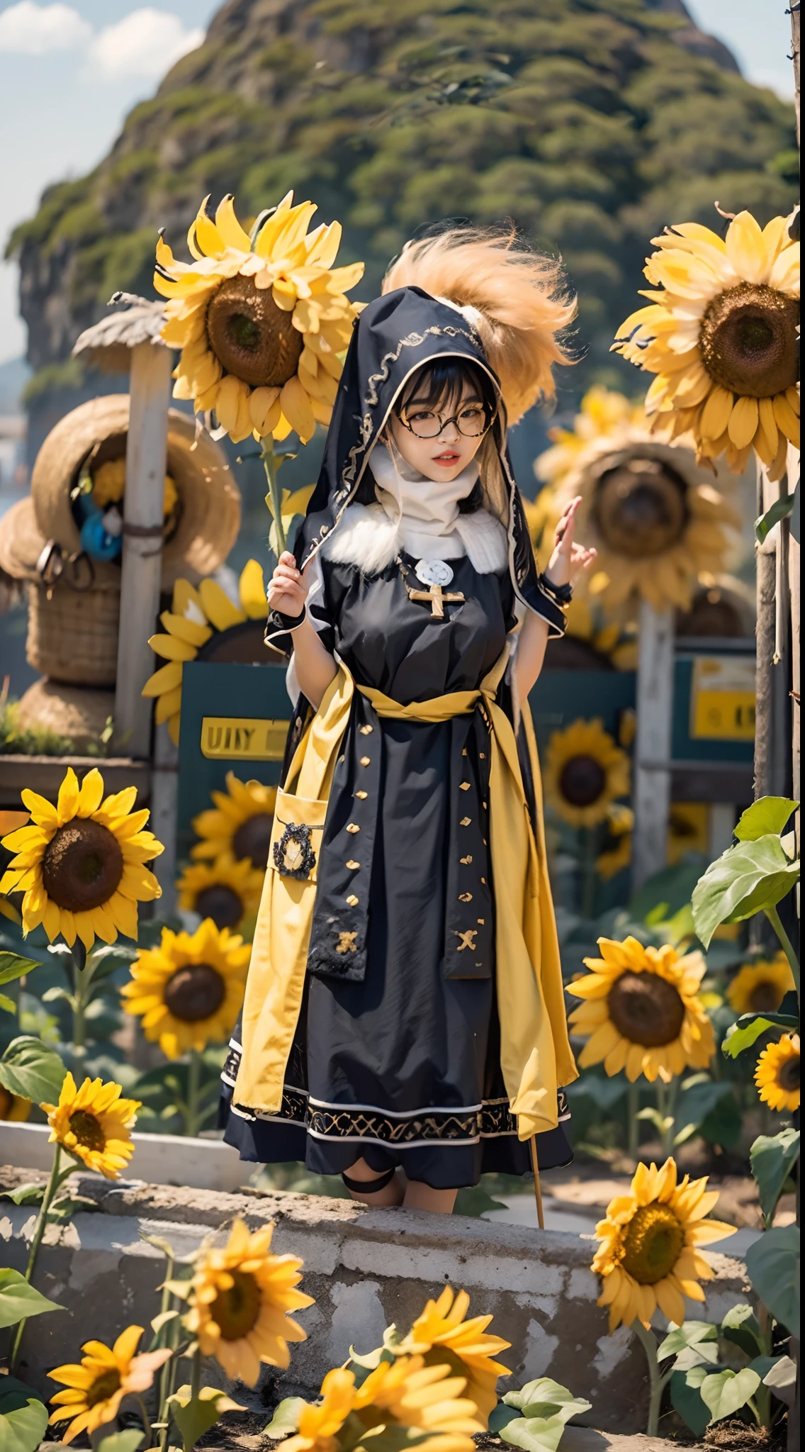 In a very grand scene,The extra-large wide-angle lens captures the appearance of a female centaur。She is a Sunflower Worship nun,Always opposed(Healing emoji smiley face of knitted sunflower puppet😊:99.99)DOA。She is tall,It has the ultimate curvy beauty,The muscles are slender and firm,Beautiful lines。She has(Super huge sky blue eyes:99.99)、always(Wearing sexy glasses:6.66)、(She wears solemn nun attire:9.9)、Stepping on a boot-style skyscraper-heel、A pink cross hangs on his chest。Use Midjourney's advanced tools,Designed for female centaurs(A knitted sunflower puppet and create a super healing cartoon smiley face in the center of the flower tray as a decoration:9.9),and noble and solemn nun costumes,and highlight her unique physiological characteristics and appearance details,Add realism。And in the context of her prayers and listening to confessions,Spectacular views of nature,Such as the sky where storms and sunny days alternate、Brilliant rivers of stars and auroras、The snow-capped summit of Mount Everest、Fireworks in the mountain town, etc。ao mesmo tempo,Away from the hustle and bustle next to the chapel,Create a fantastic scene。Use Midjourney's advanced tools and multiple color palettes、Brush Strokes、Texture tools and model packages,It shows a sense of atmosphere where beauty and charm coexist。The charm of the female centaur is highlighted through color and lines,Enhance realism with detailing,Create a surreal dreamy feeling。Additionally,Use Midjourney's tools to add various exorcism props and books to the female centaur、pergaminhos,Create intricate hairstyles and outfits,Give her a sense of premium。She never flinches,No matter what monster you encounter,can respond quickly,Even the most extreme armies of natural disasters and monsters could not stop her and her front(Sunflower with Tyndall effect that emits sunlight9.99)。Use Midjourney's powerful tools,You can do it with incredible detail and beauty,Bring this ultra-grand and beautiful scene to life。Ultra-grand sc