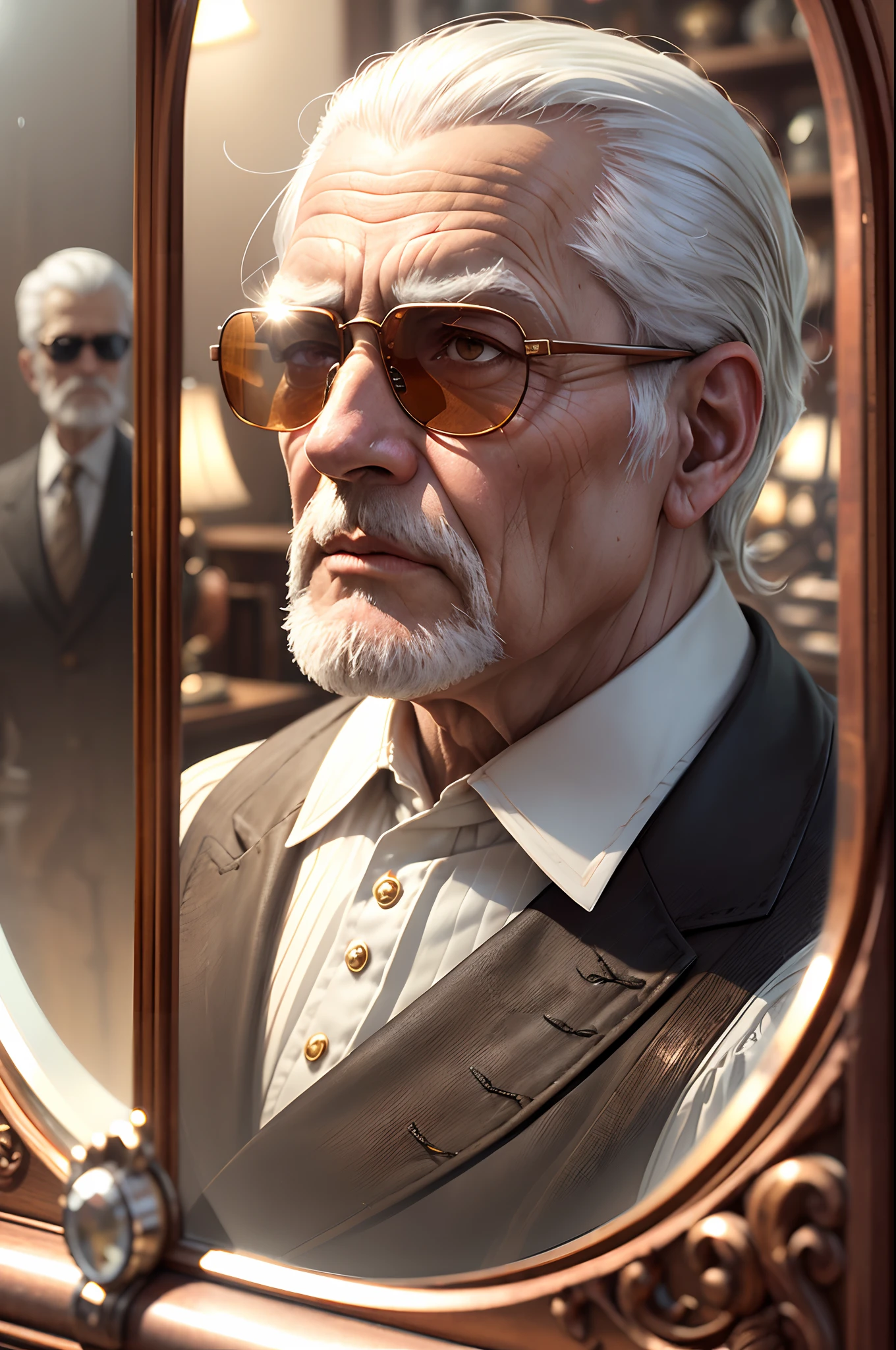 (fashionable old man:1.1),(wearing sunglasses),(looking into a mirror),(antique shop),(best quality:1.2),HD,32k,(ultra-detailed),(realistic:1.37),(vivid colors),(portrait),(old-fashioned),(retro),(reflective surface),(antique items),(dimly lit),(soft lighting),(nostalgic atmosphere),(aged wood shelves),(memorabilia collection),(faded sunlight),(exquisite details),(fine wrinkles),(silver hair),(reflective glasses),(crystal clear reflection),(metallic frame),(ornate mirror),(nostalgic vibe),(vintage),(classic),(sharp focus),(copper tones),(polished surface),(timeless aesthetic)