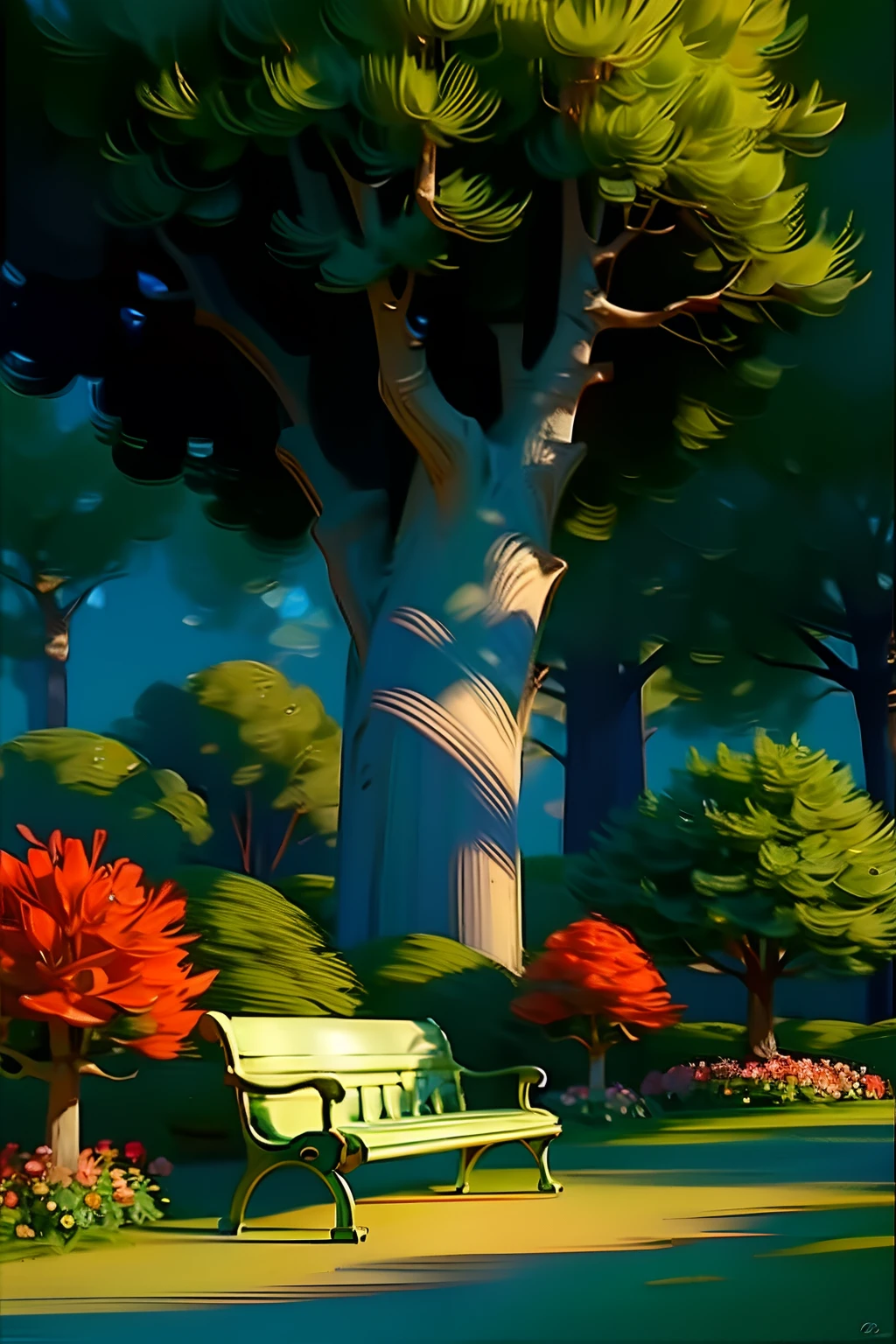 A painting of a springtime landscape, green trees and flowers, a park bench in garden of flowers, midday light.