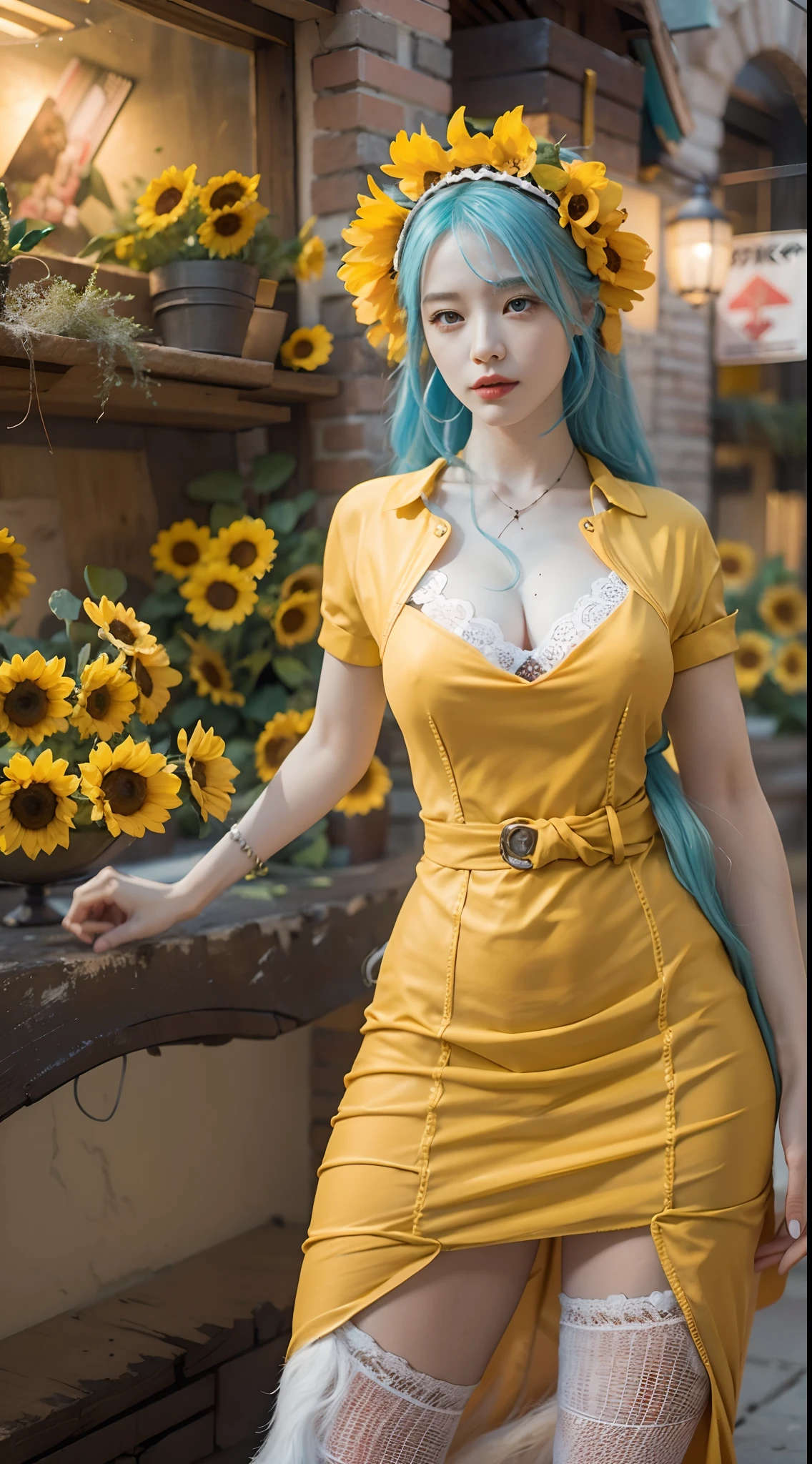In a very grand scene，The extra-large wide-angle lens captures the appearance of a female centaur。She is a Sunflower Worship nun，Always opposed（Healing emoji smiley face of knitted sunflower puppet😊：99.99）DOA。She is tall，It has the ultimate curvy beauty，The muscles are slender and firm，Beautiful lines。She has（Super huge sky blue eyes：99.99）、always（Wearing sexy glasses：6.66）、（She wears solemn nun attire：9.9）、Stepping on a boot-style skyscraper-heel、A pink cross hangs on his chest。Use Midjourney's advanced tools，Designed for female centaurs（A knitted sunflower puppet and create a super healing cartoon smiley face in the center of the flower tray as a decoration：9.9），and noble and solemn nun costumes，and highlight her unique physiological characteristics and appearance details，Add realism。And in the context of her prayers and listening to confessions，Spectacular views of nature，Such as the sky where storms and sunny days alternate、Brilliant rivers of stars and auroras、The snow-capped summit of Mount Everest、Fireworks in the mountain town, etc。ao mesmo tempo，Away from the hustle and bustle next to the chapel，Create a fantastic scene。Use Midjourney's advanced tools and multiple color palettes、Brush Strokes、Texture tools and model packages，It shows a sense of atmosphere where beauty and charm coexist。The charm of the female centaur is highlighted through color and lines，Enhance realism with detailing，Create a surreal dreamy feeling。Additionally，Use Midjourney's tools to add various exorcism props and books to the female centaur、pergaminhos，Create intricate hairstyles and outfits，Give her a sense of premium。She never flinches，No matter what monster you encounter，can respond quickly，Even the most extreme armies of natural disasters and monsters could not stop her and her front（Sunflower with Tyndall effect that emits sunlight9.99）。Use Midjourney's powerful tools，You can do it with incredible detail and beauty，Bring this ultra-grand and beautiful scene to life。Ultra-grand sc