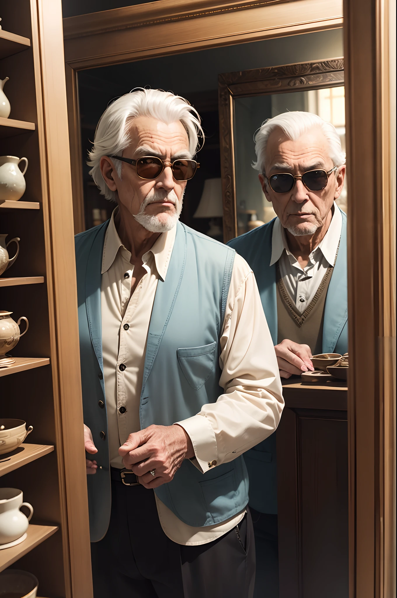 A fashionable old man is wearing sunglasses and looking into a mirror in an antique shop, high details, HD, 32k --ar 3:4 50 --niji 5 --s 2