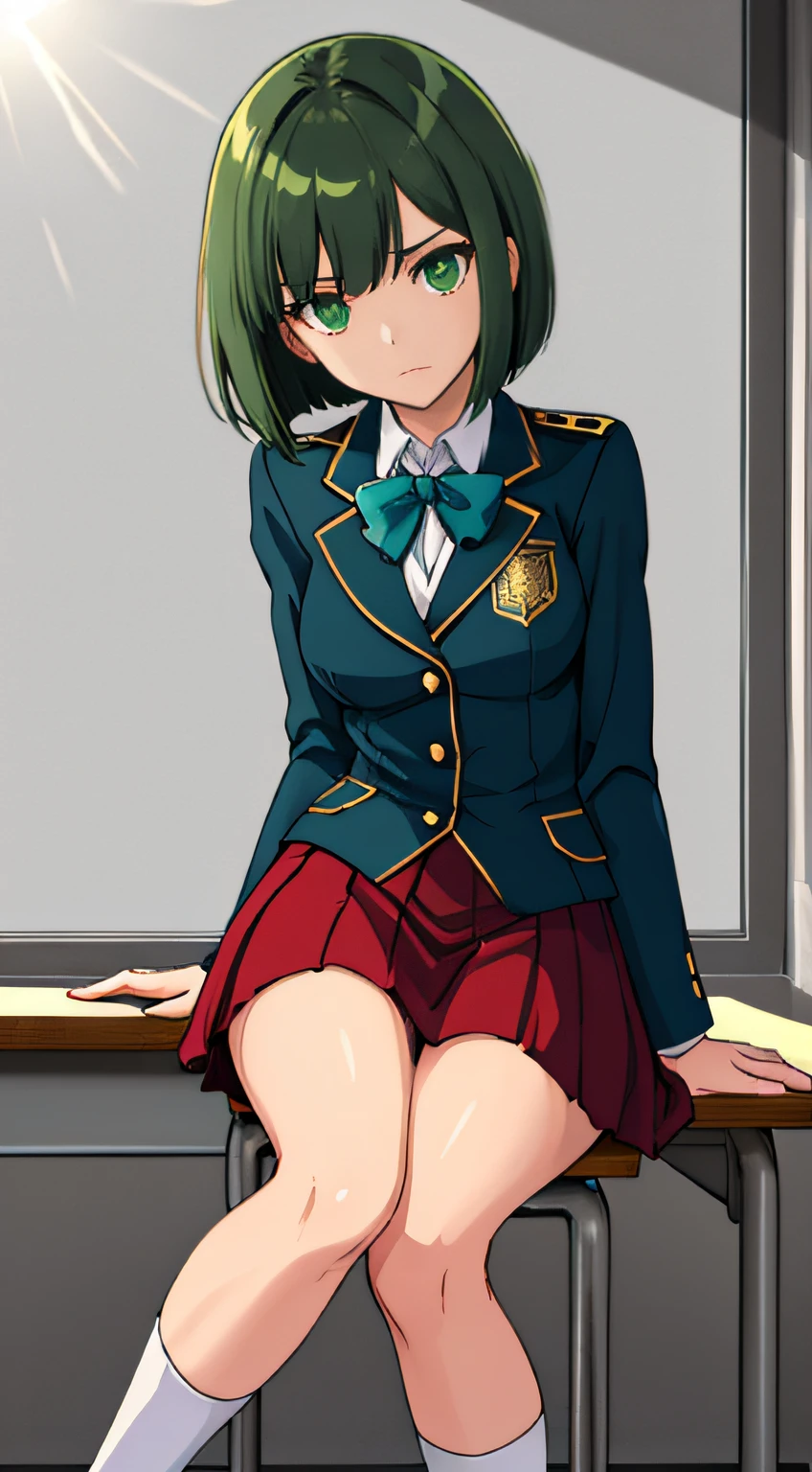 ((masterpiece, top quality)), uniform, long white shirt, blue tie, red blazer, red vest, gold and green school emblem on right breast, beige skirt, blue high socks, loafer shoes, girl, small breasts, slender thighs, soft skin, clean large dark green eyes (high detailed eyes), silky short bob that falls shoulder length and straight, hair shorter as it goes to the back of her head, dark green hair, school, sitting on a classroom chair, sunlight streaming in, after rain, overhead composition, unhappy expression, floating droplets, lens flare, fine features, perfect anatomy Centered, perfect distance, highly detailed, intricate, accurate, rich colors highly detailed, smooth, rich colors, accurate, clean, rich colors, elaborate details, golden ratio illustration