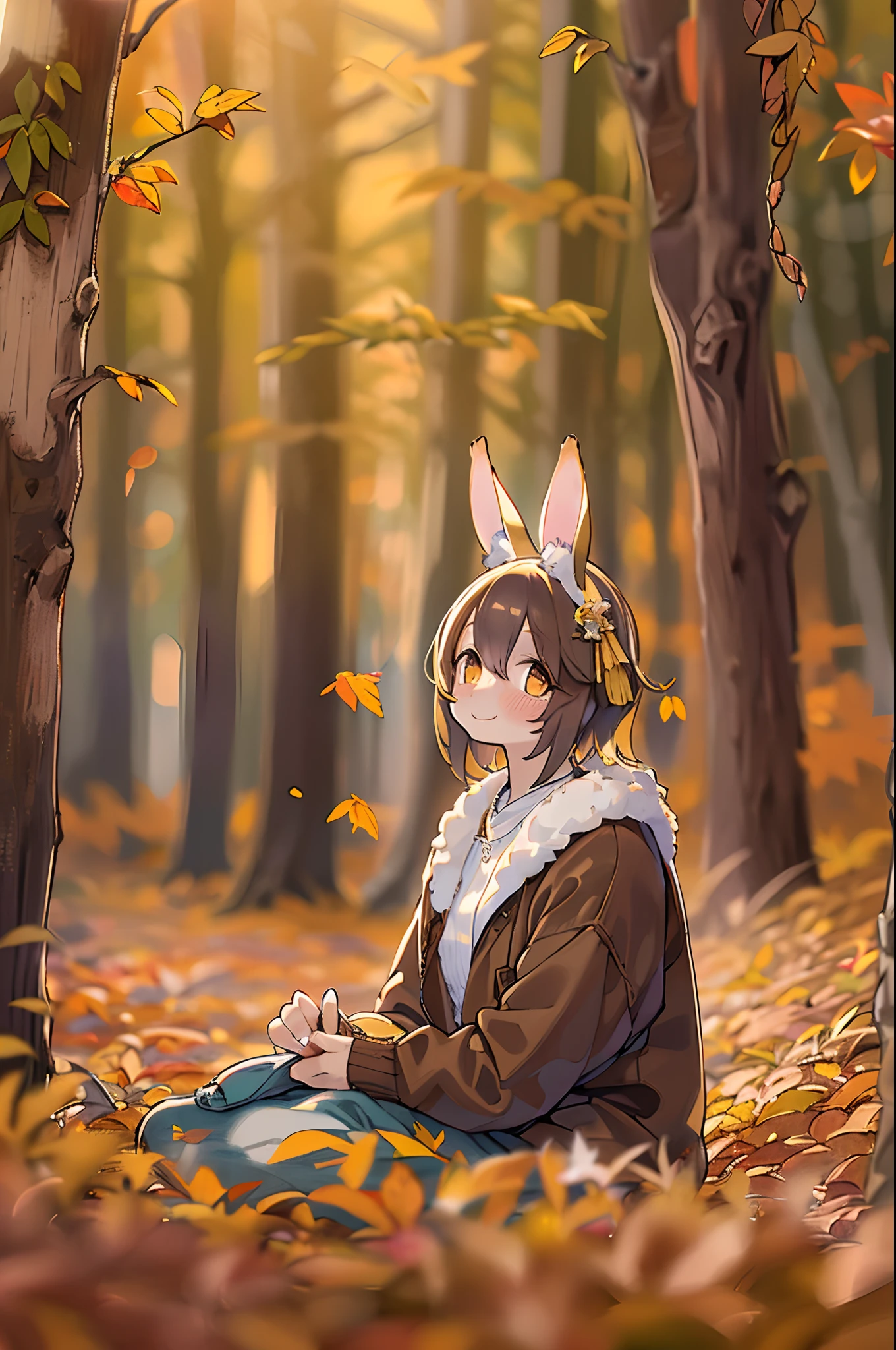 Beautiful Girl, (((((Small)))), face showing,, Short hair, brown, 8K, Professional Photography, Delicate, Clear, In the forest in autumn, Sun, light leaks, masutepiece, (Beautiful)))), (reality)))), Smile, Fantastic, Rabbit ears, 年轻