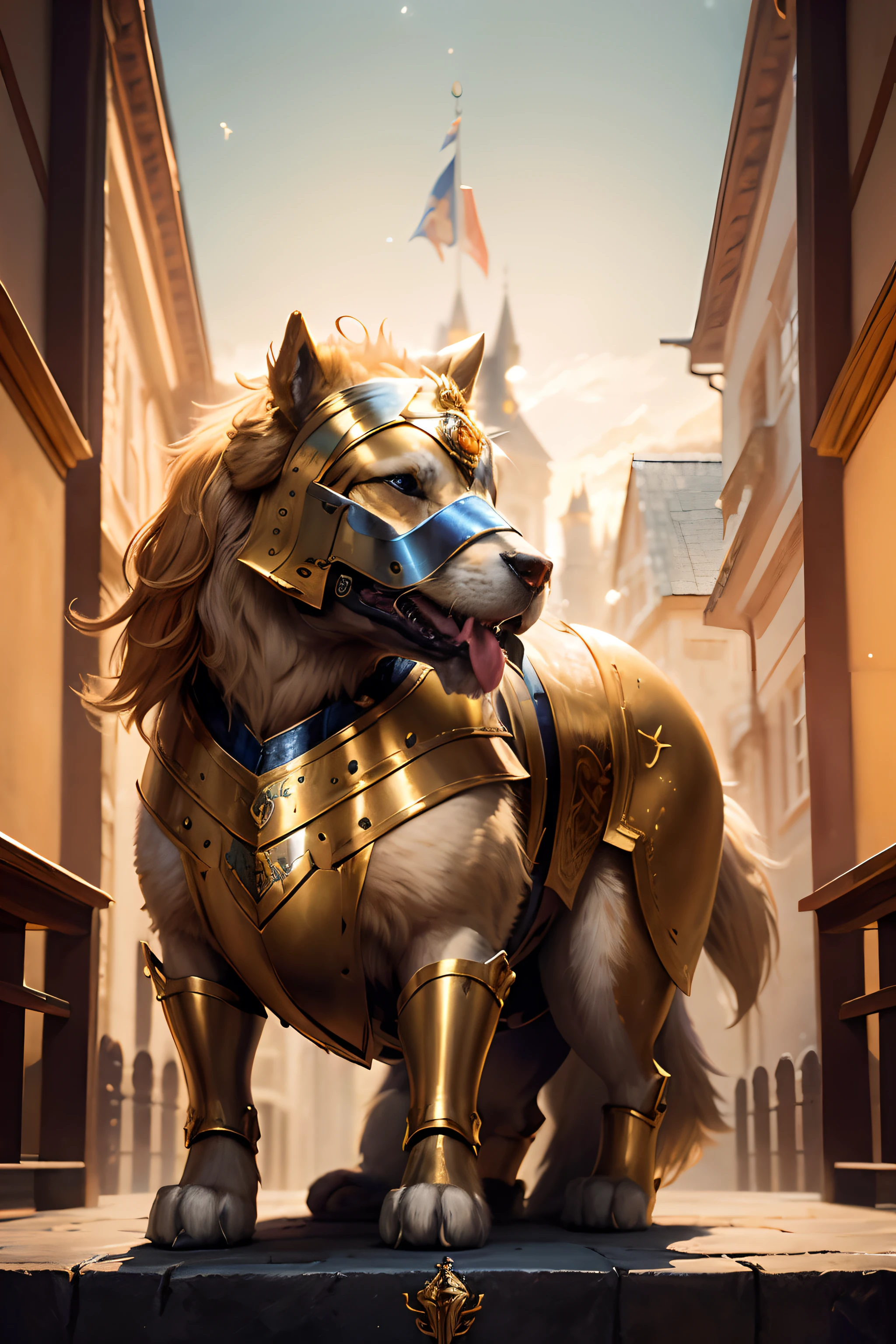 golden retriever dog, Detailed Golden Retriever, Beautiful Golden Retriever, Blue Armor Placa, Metal Armor Placa, Shiny Armor Placa, Fantasy Scene, Vibrant Fantasy Scene, Lush Fantasy Scene, Enchanting Fantasy Scene, Magical Fantasy Scene, Mystical Fantasy Scene, Dreamy Fantasy Scene, Castle, Majestic Castle, Grand Castle, Towering Castle, Illuminated Castle, Stunning Castle, Golden Retriever Playing in Fantasy Scene, Golden Retriever with Blue Armor Placa in Fantasy Scene, Golden Retriever Guarding Castle, Starry Sky, Nighttime Sky, Scenic Sky, Golden Retriever with Shiny Blue Armor Placa Standing Proudly in Front of Castle, Vibrant Colors, Dramatic Lighting, Dreamlike Lighting