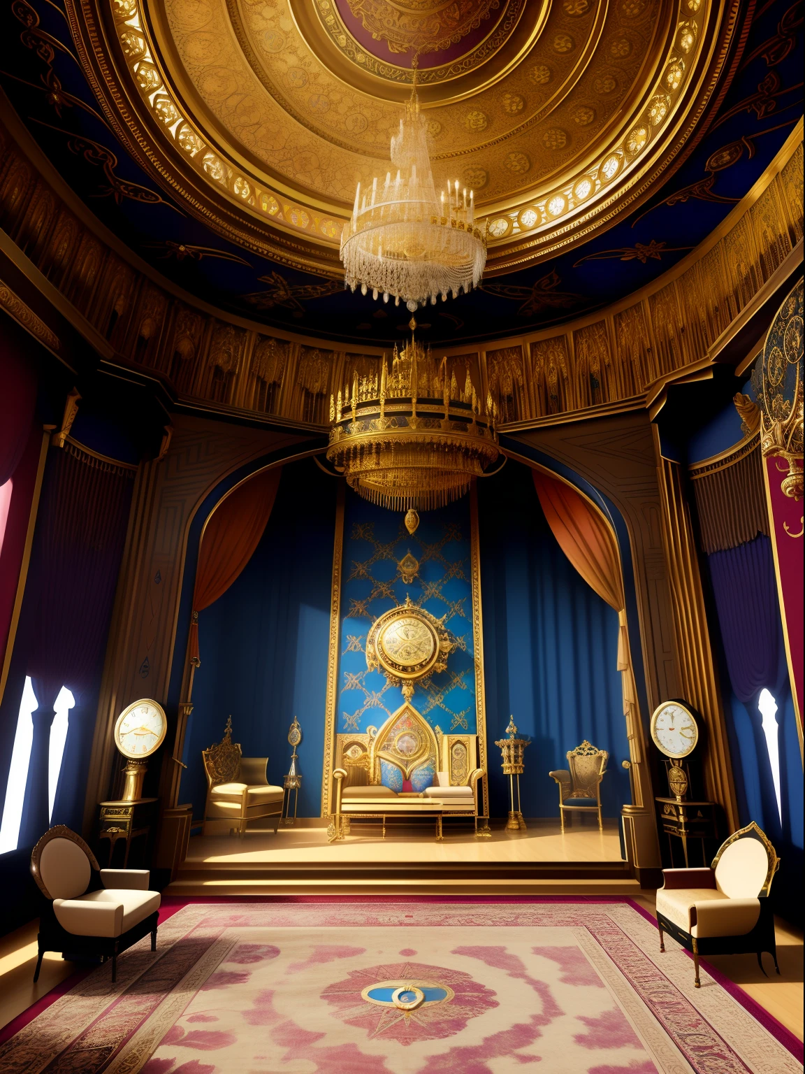Arafed's room,There is a clock and a painting on the wall, stunning arcanum backdrop, inside a grand ornate room, exquisitely designed throne room, gothic mansion room, Large-scale photos, dark majestic ornate great hall, Masonic art, rotunda, Throne Room, elaborate matte painting, Castle hall, baroque style painting backdrop