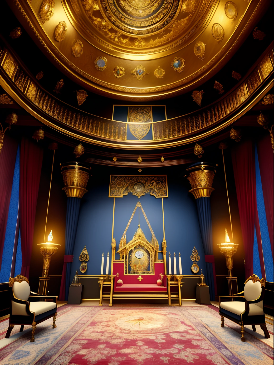 Arafed's room,There is a clock and a painting on the wall, stunning arcanum backdrop, inside a grand ornate room, exquisitely designed throne room, gothic mansion room, Large-scale photos, dark majestic ornate great hall, Masonic art, rotunda, Throne Room, elaborate matte painting, Castle hall, baroque style painting backdrop