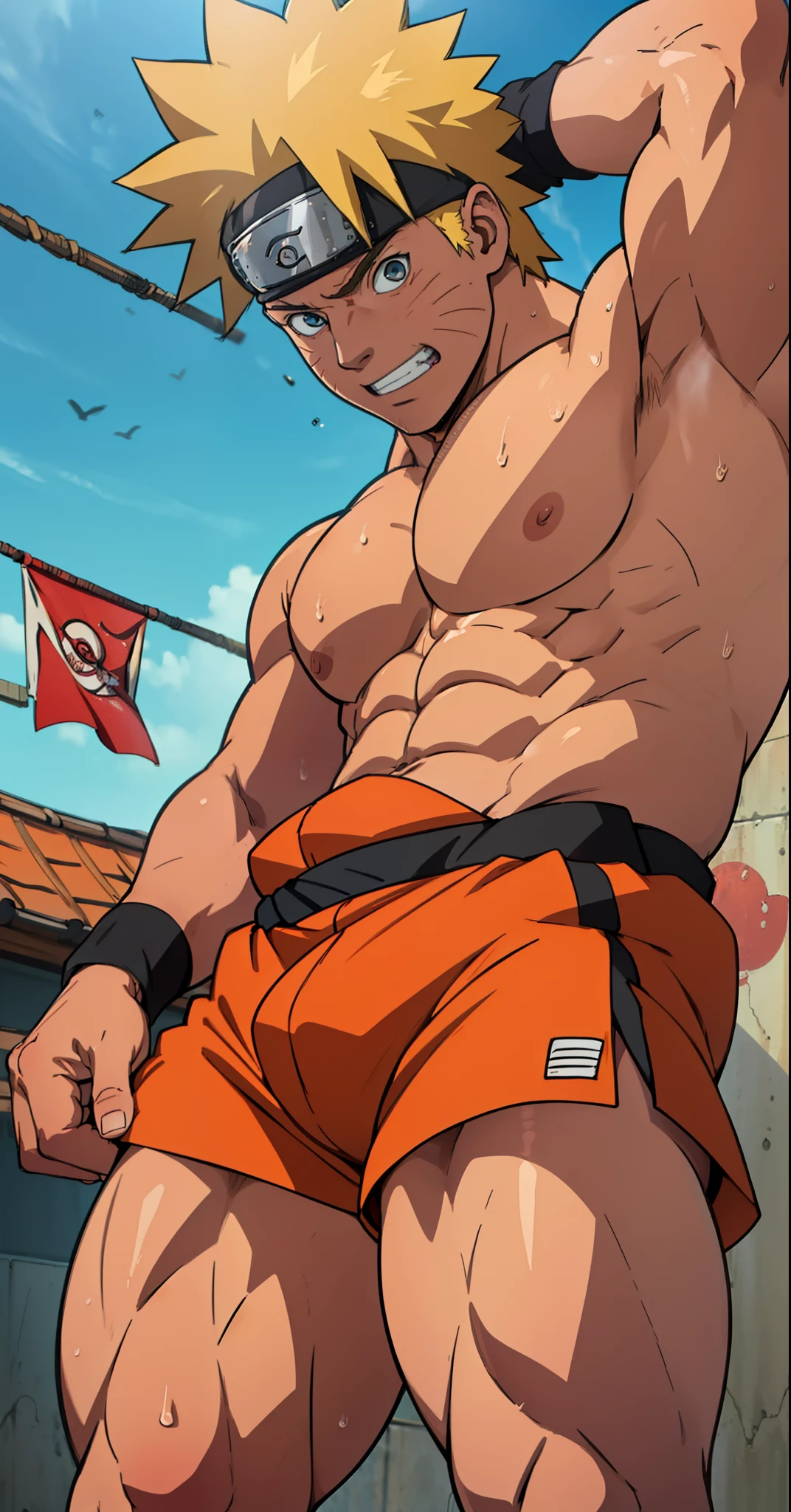 (Full body) (photo subject: Close-up of muscular thigh muscles ) (photo angle from bottom up)(Drawings of Naruto anime) (photo angle from the ground upwards) [Anime photo][highest quality photo][4k,HD photo quality ] wear tight and short loincloths   (muscular thigh muscles, firm thigh muscles, muscular thigh muscles, sinewy thigh muscles, giant thigh muscles, strong leg muscles, muscular hamstring leg muscles) ,Uzumaki Naruto fun, happy,bodybuilder,bodybuilding, standing, red skin, pink skin, tanned skin,reddish brown skin, lots of sweat flowing down, topless, shirtless, hot sunny, (do not wear banners,do not wear headbands)