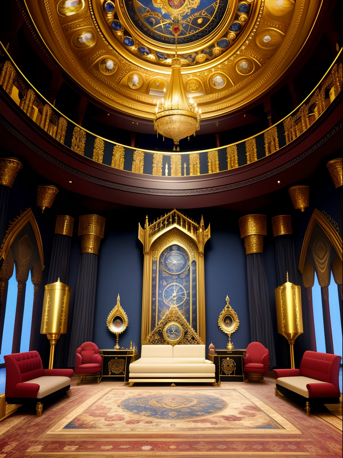 Arafed's room,There is a clock and a painting on the wall, stunning arcanum backdrop, inside a grand ornate room, exquisitely designed throne room, gothic mansion room, Large-scale photos, dark majestic ornate great hall, Masonic art, rotunda, Throne Room, elaborate matte painting, Castle hall, baroque style painting backdrop
