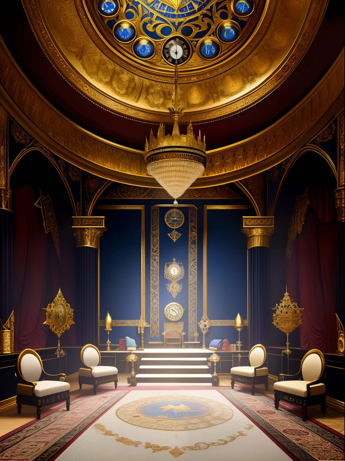 Arafed's room,There is a clock and a painting on the wall, stunning arcanum backdrop, inside a grand ornate room, exquisitely designed throne room, gothic mansion room, Large-scale photos, dark majestic ornate great hall, Masonic art, rotunda, Throne Room, elaborate matte painting, Castle hall, baroque style painting backdrop