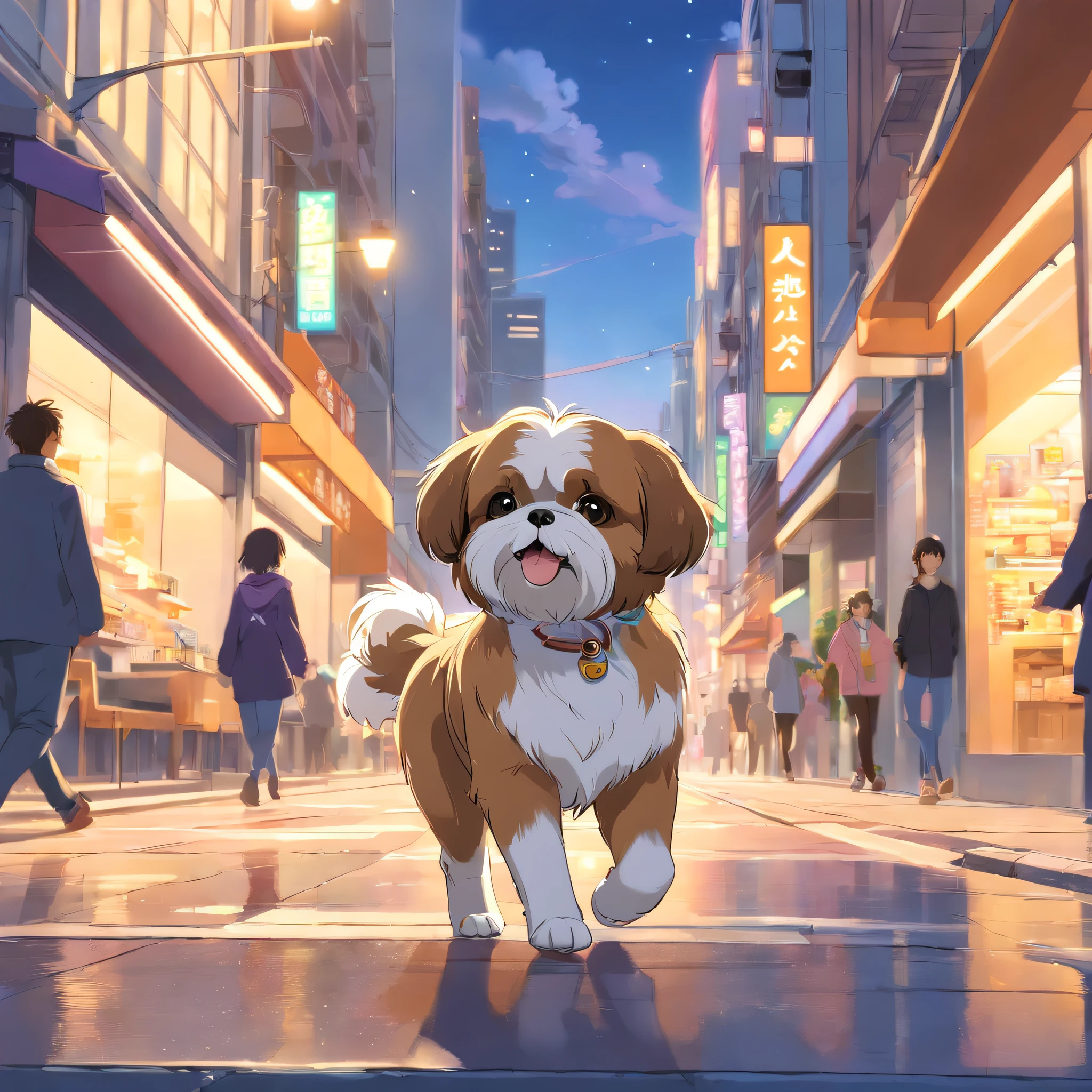 Shih Tzu caramel strolling along urban city sidewalks