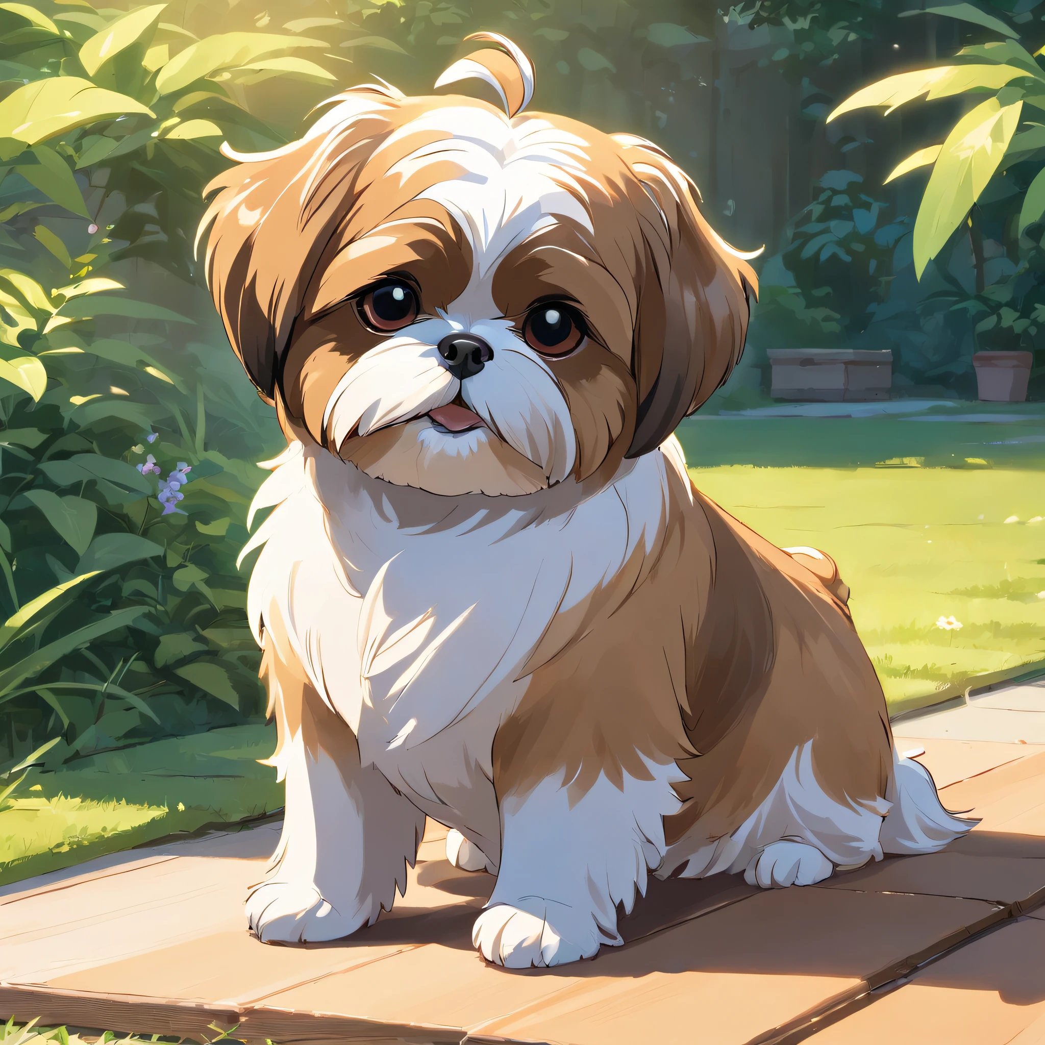 Shih Tzu caramel sitting in the backyard of the house and sunbathing realistically