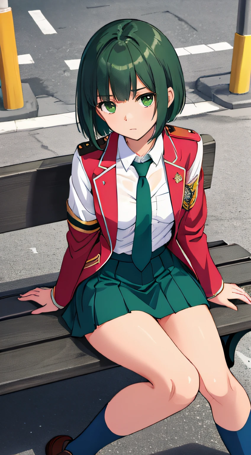 ((Masterpiece, top quality)), uniform, long white shirt, blue tie, red blazer, salmon pink fold over chest, red vest, gold and green school emblem on right breast, beige skirt, shiny blue high socks, loafer shoes, , small breasts, slender thighs, soft skin, clean large dark green eyes (high detail eyes), silky short bob that falls straight down to shoulder length, hair shorter towards back of head, dark green hair, on street, sitting on bench, after rain, looking up, overhead composition, unsatisfied expression, floating droplets, Lens flare, fine features, perfect anatomy, centered, perfect distance, highly detailed, complex, accurate, rich colors highly detailed, smooth, rich colors, accurate, clean, rich colors, elaborate details, golden ratio illustration