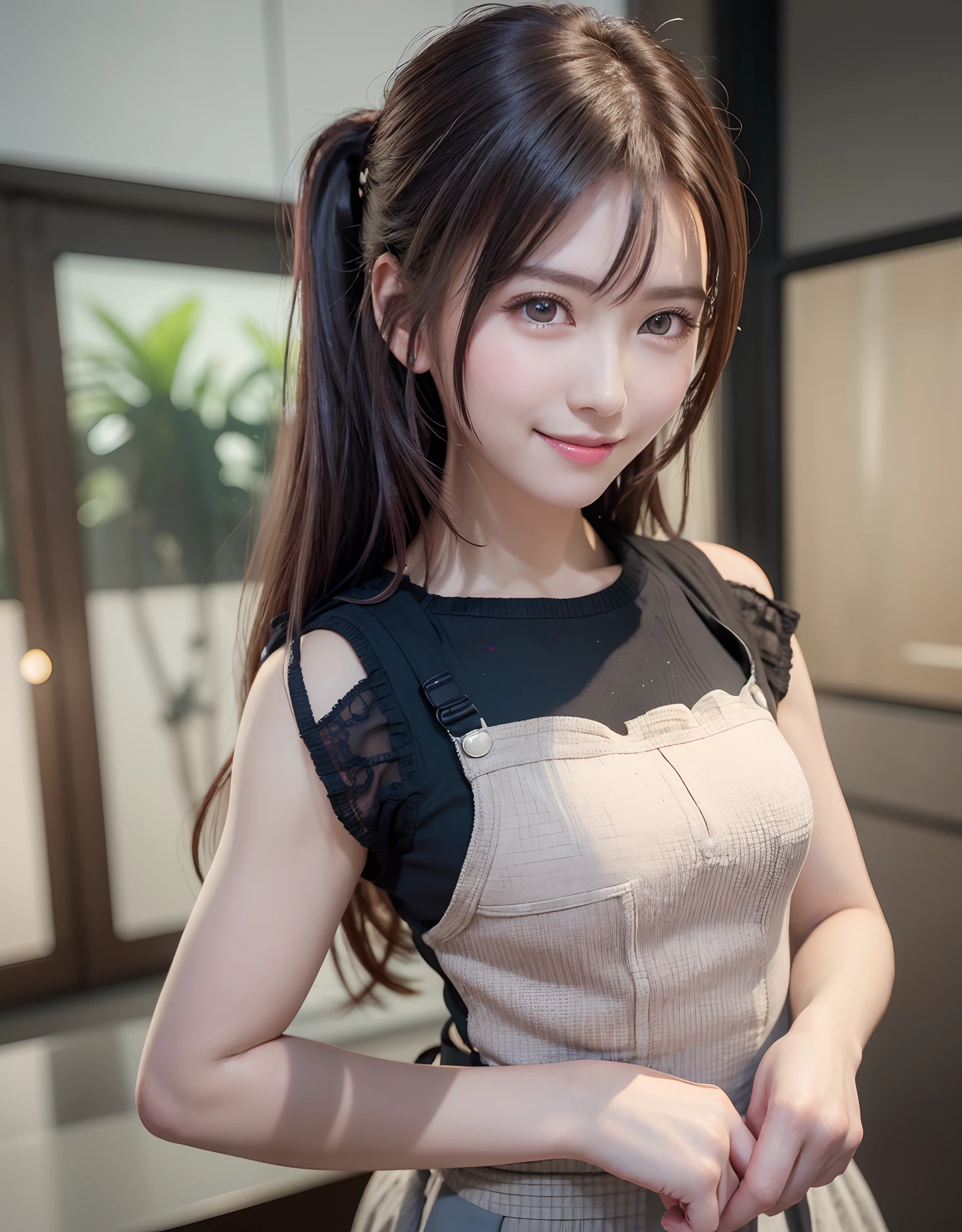 top-quality、8K Masterpiece、超A high resolution、(Photorealsitic:1.3)、Raw photo、1人、The hairstyle is tied at the back、glowy skin、Cafe Clerk、Stylish、Cute apron、((super realistic details))、portlate、globalillumination、octan render、in 8K、ultrasharp、highly intricate detail、Realistic light、CGSoation Trends、beautidful eyes、radiant eyes、Facing the camera、Spiteful smile