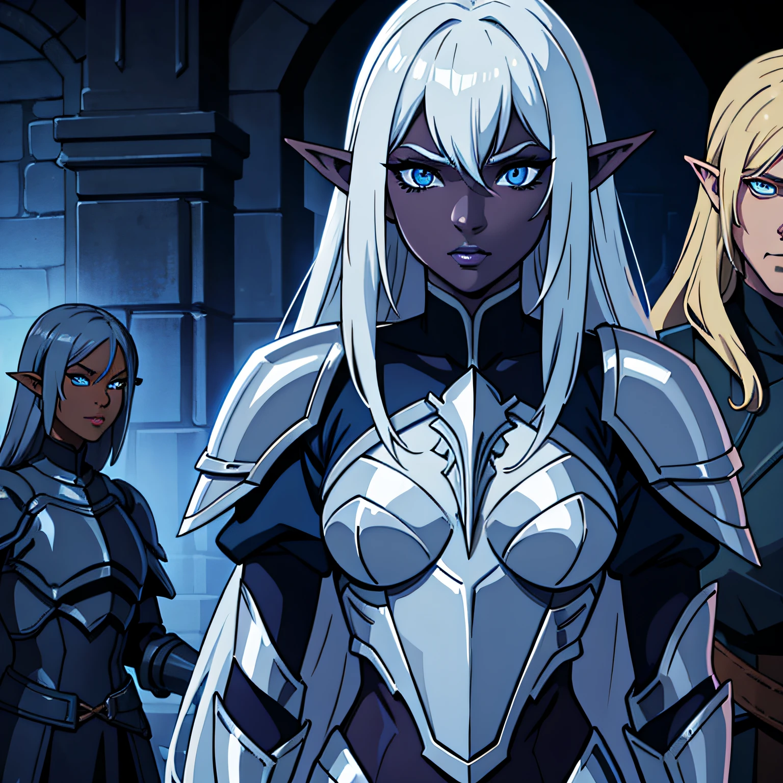 Dark elf, drow, paladin, knight, dark blue skin, silvery hair, blue eyes