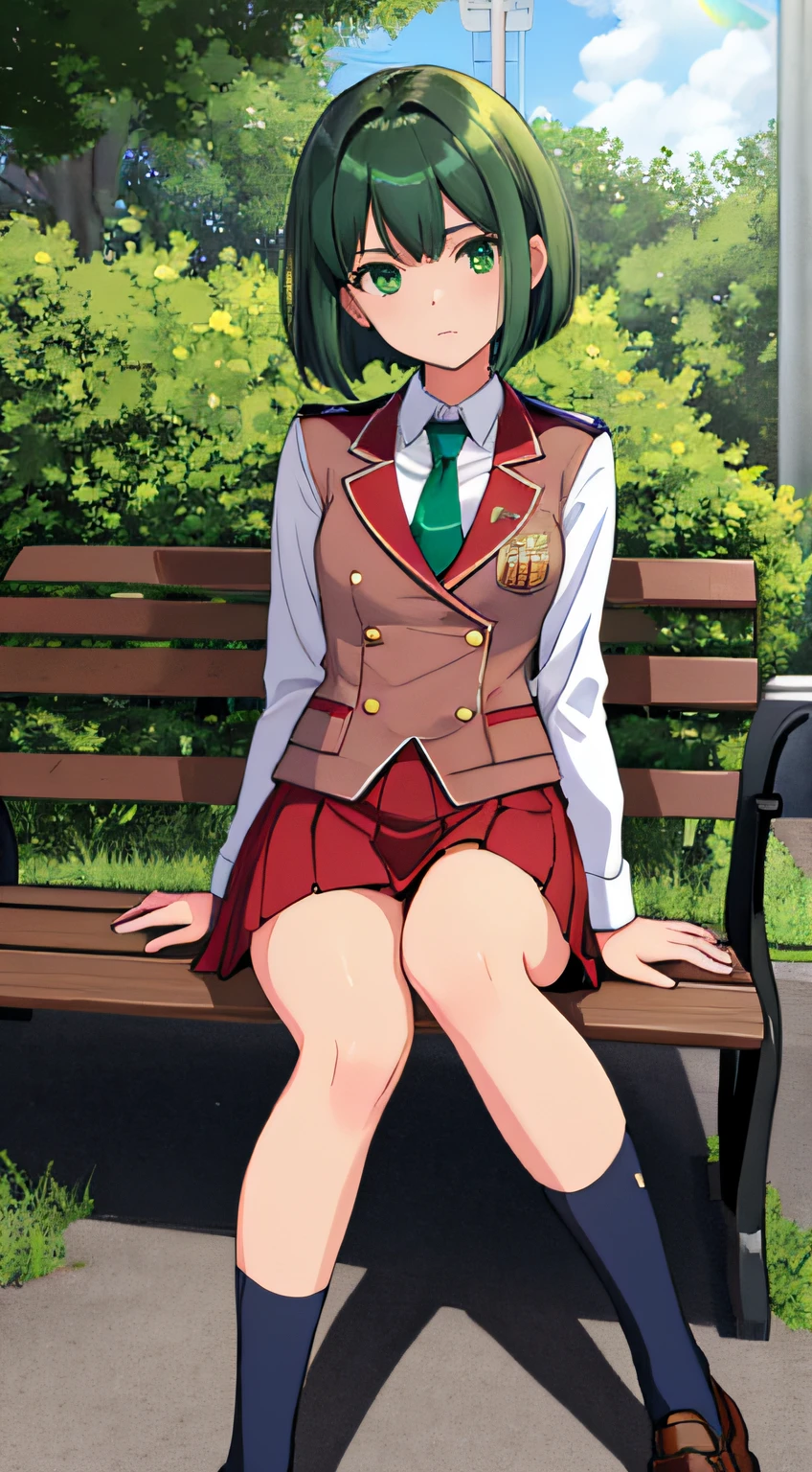 ((Masterpiece, top quality)), Uniform, long white shirt, blue tie, red blazer, salmon pink fold over chest, red vest, gold and green school emblem on right breast, beige skirt, shiny blue high socks, loafer shoes, , small breasts, slender thighs, soft skin, clean large dark green eyes (high detail eyes), silky short bob that falls straight down to shoulder length, hair shorter towards back of head, dark green hair, on street, sitting on bench, after rain, looking up, overhead composition, unsatisfied expression, floating droplets, Lens flare, fine features, perfect anatomy, centered, perfect distance, highly detailed, complex, accurate, rich colors highly detailed, smooth, rich colors, accurate, clean, rich colors, elaborate details, golden ratio illustration