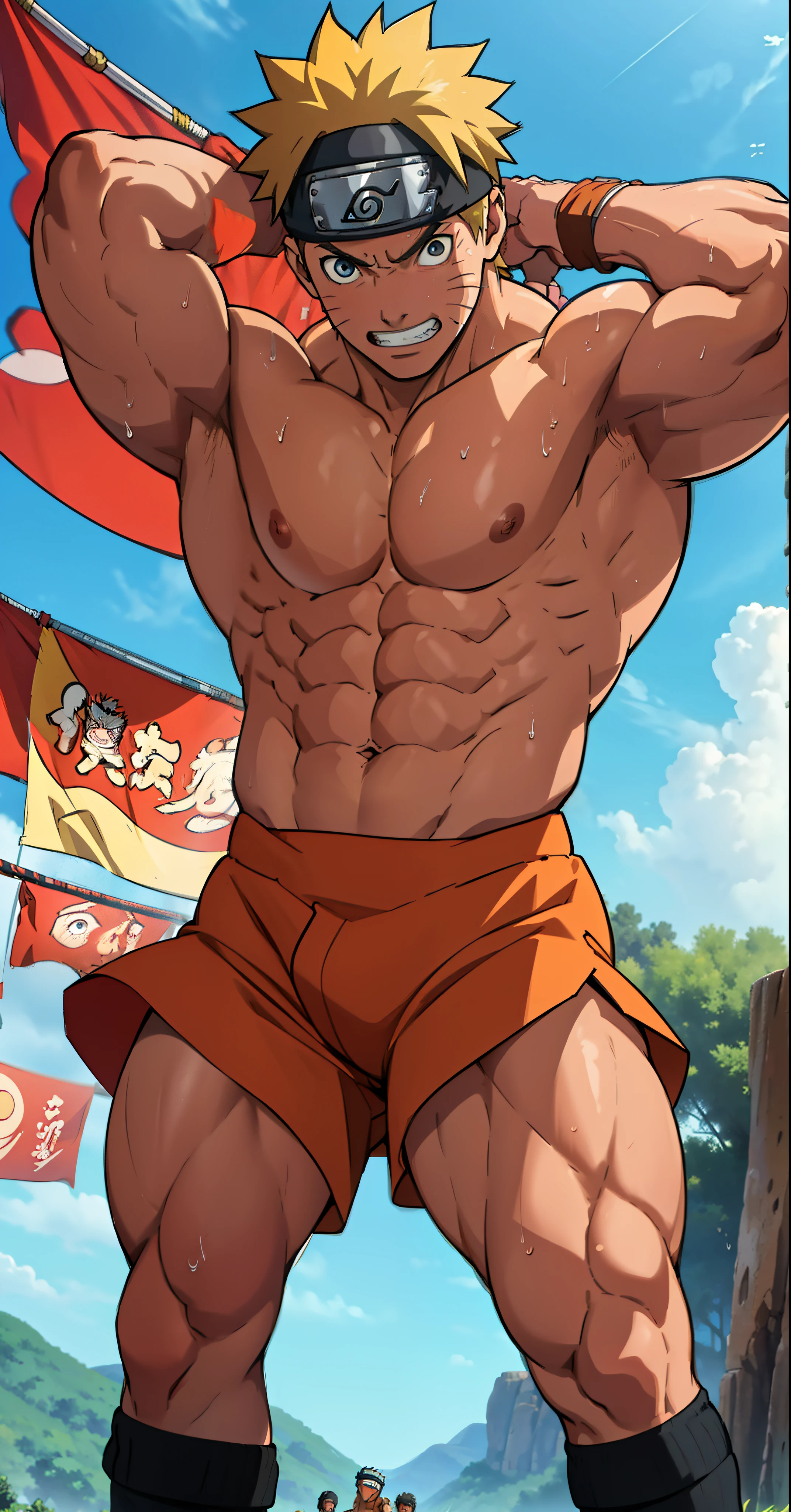 (Full body) (photo subject: Close-up of muscular thigh muscles ) (photo angle from bottom up)(Drawings of Naruto anime) (photo angle from the ground upwards) [Anime photo][highest quality photo][4k,HD photo quality ] wear tight and short loincloths   (muscular thigh muscles, firm thigh muscles, muscular thigh muscles, sinewy thigh muscles, giant thigh muscles, strong leg muscles, muscular hamstring leg muscles) ,Uzumaki Naruto fun, happy,bodybuilder,bodybuilding, standing, red skin, pink skin, tanned skin,reddish brown skin, lots of sweat flowing down, topless, shirtless, hot sunny, (do not wear banners,do not wear headbands)