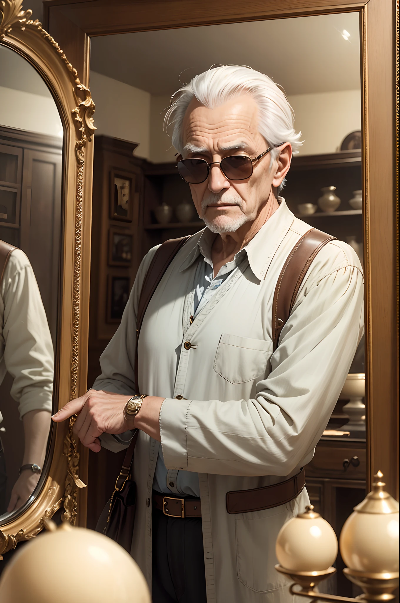A fashionable old man is wearing sunglasses and looking into a mirror in an antique shop, high details, HD, 32k --ar 3:4 50 --niji 5 --s 2