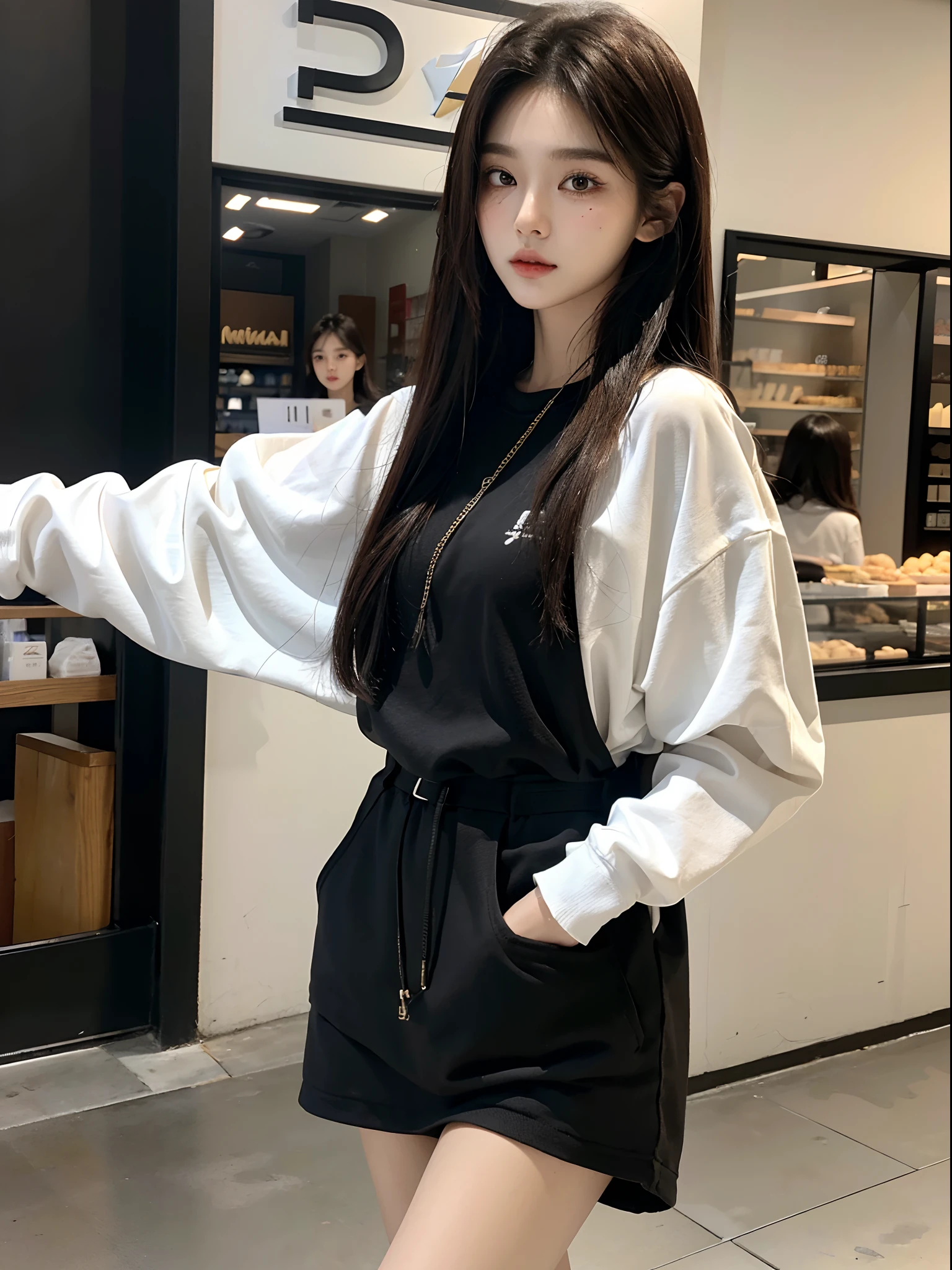 ​masterpiece、top-quality)、1 beutiful girl、Slim body、((Black and white plain clothes:1.1))、(Detailed beautiful eyes)、Walk around the store、((Boyish Brown Medium Hair))、((Smaller face))、((Neutral face))、((Face seen from the side))、((Light brown eyes))、((Korean Girl))、((18year old))、((cool lady))、((Wild look))、((Korean Makeup))、((elongated and sharp eyes))、((Happy dating))、((looking distantly))、((boyish))、((Shot from the same height as your face))、((Shorter than viewer))、((She is walking in front of the viewer))、((Reaching out and pampering viewers))