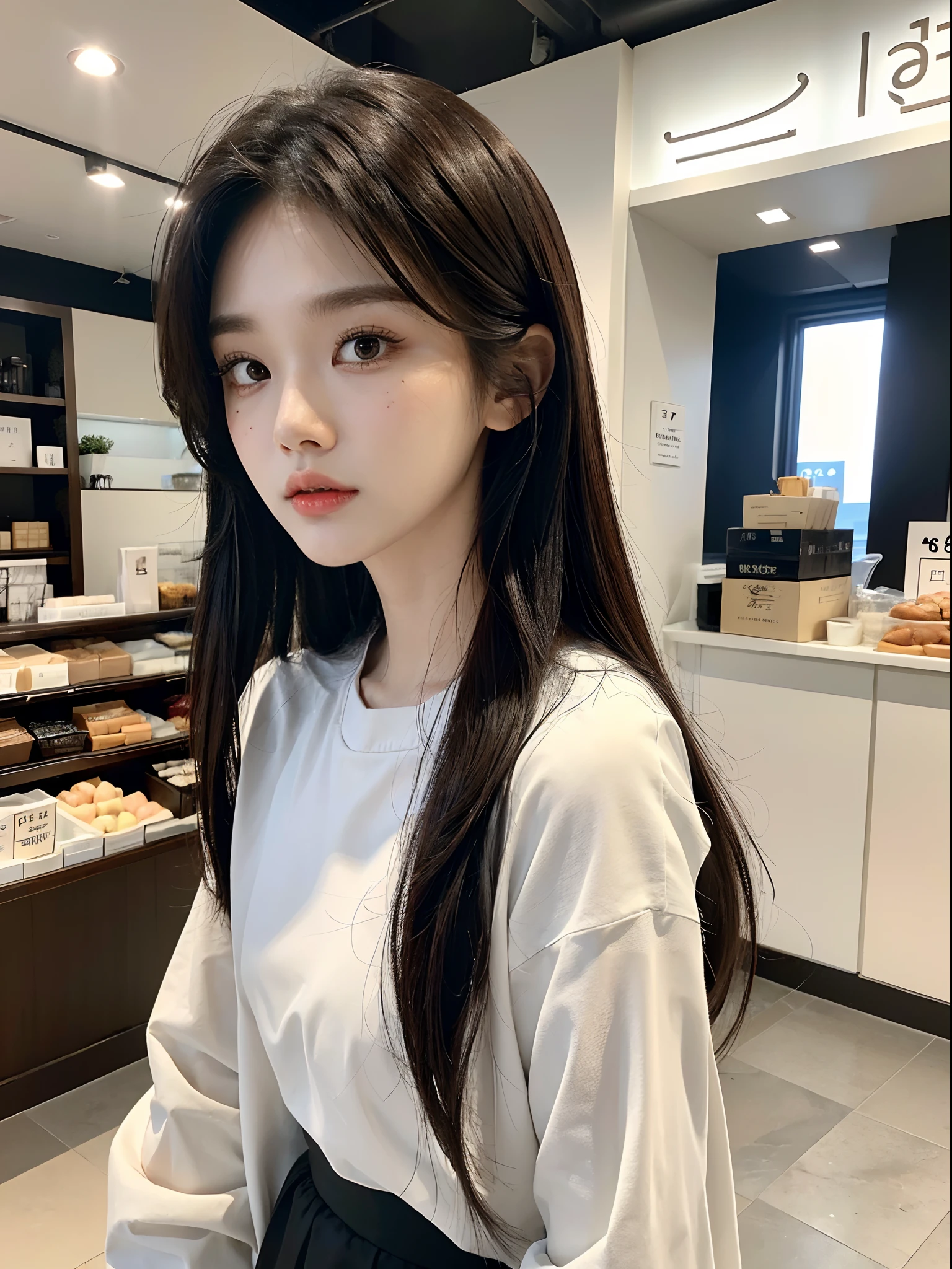 ​masterpiece、top-quality)、1 beutiful girl、Slim body、((Black and white plain clothes:1.1))、(Detailed beautiful eyes)、Walk around the store、((Boyish Brown Medium Hair))、((Smaller face))、((Neutral face))、((Face seen from the side))、((Light brown eyes))、((Korean Girl))、((18year old))、((cool lady))、((Wild look))、((Korean Makeup))、((elongated and sharp eyes))、((Happy dating))、((looking distantly))、((boyish))、((Shot from the same height as your face))、((Shorter than viewer))、((She is walking in front of the viewer))、((Reaching out and pampering viewers))