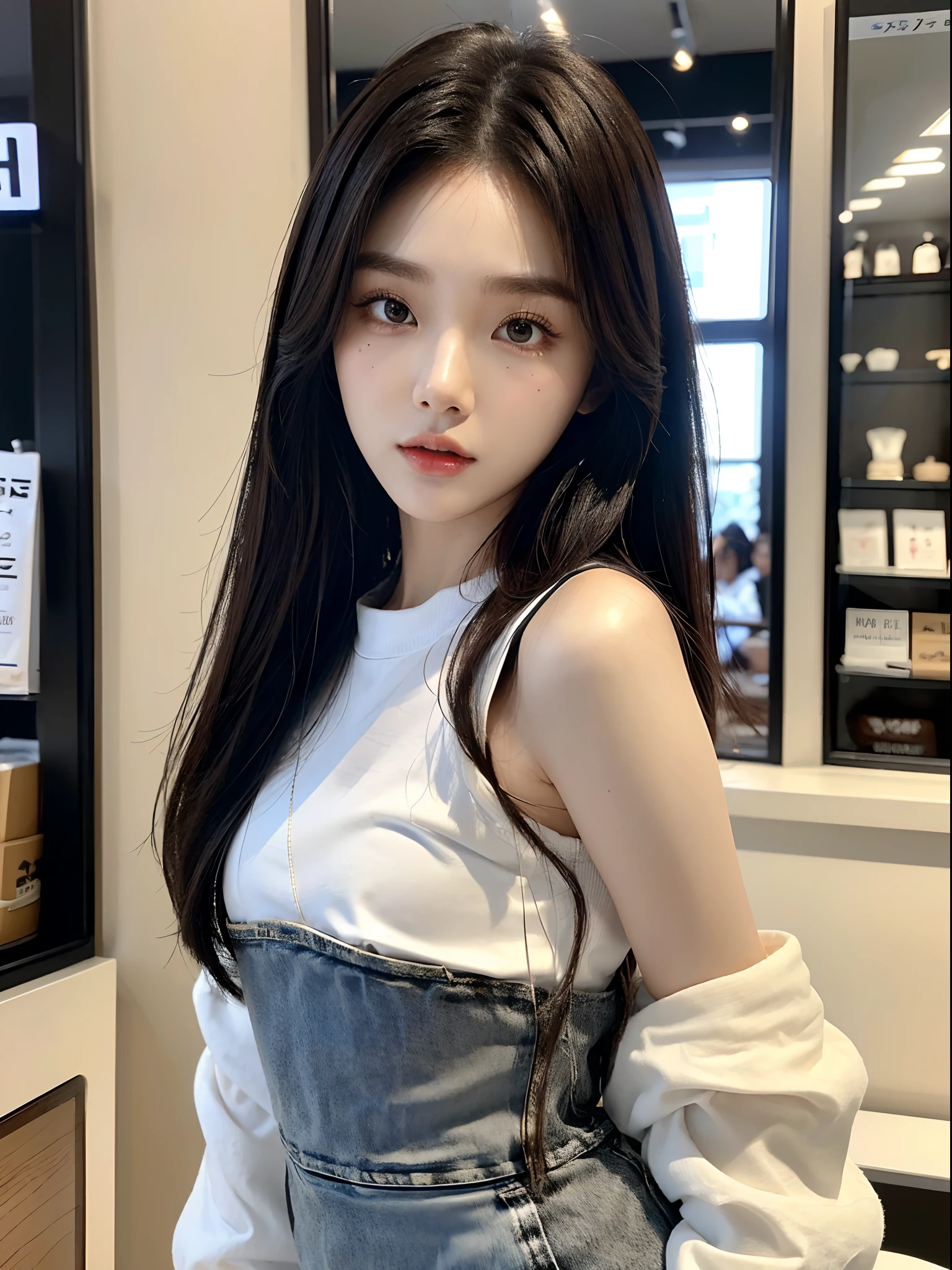 ​masterpiece、top-quality)、1 beutiful girl、Slim body、((Black and white plain clothes:1.1))、(Detailed beautiful eyes)、Walk around the store、((Boyish Brown Medium Hair))、((Smaller face))、((Neutral face))、((Face seen from the side))、((Light brown eyes))、((Korean Girl))、((18year old))、((cool lady))、((Wild look))、((Korean Makeup))、((elongated and sharp eyes))、((Happy dating))、((looking distantly))、((boyish))、((Shot from the same height as your face))、((Shorter than viewer))、((She is walking in front of the viewer))、((Reaching out and pampering viewers))