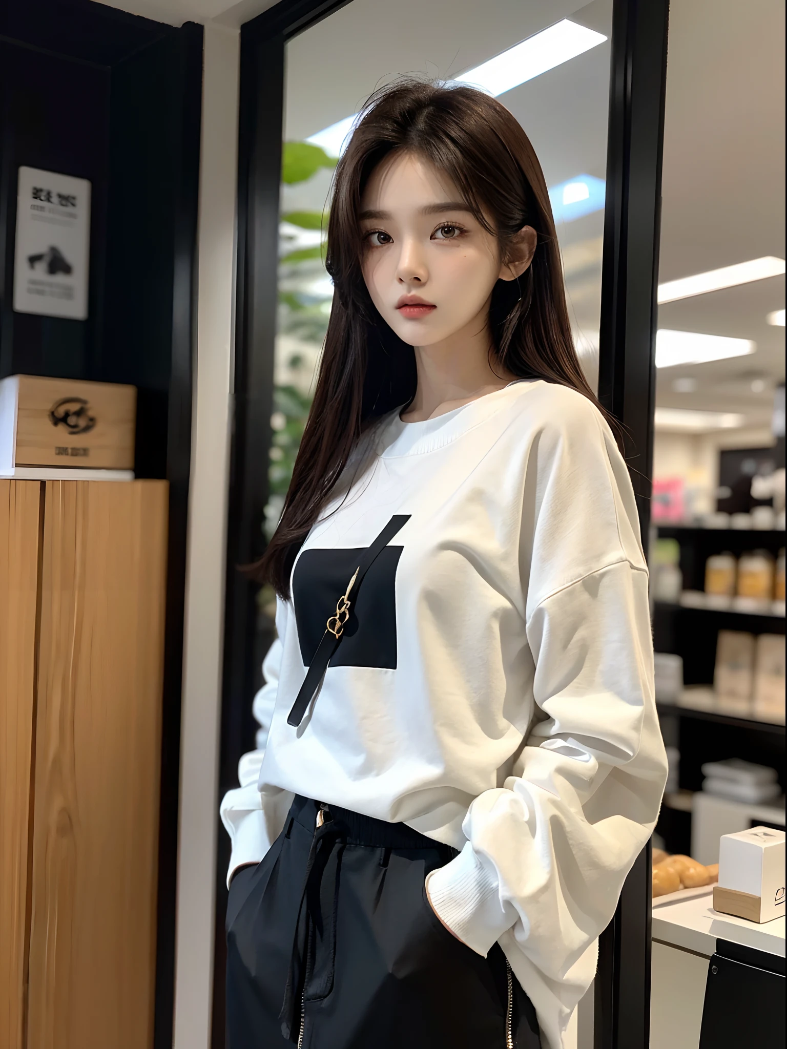 ​masterpiece、top-quality)、1 beutiful girl、Slim body、((Black and white plain clothes:1.1))、(Detailed beautiful eyes)、Walk around the store、((Boyish Brown Medium Hair))、((Smaller face))、((Neutral face))、((Face seen from the side))、((Light brown eyes))、((Korean Girl))、((18year old))、((cool lady))、((Wild look))、((Korean Makeup))、((elongated and sharp eyes))、((Happy dating))、((looking distantly))、((boyish))、((Shot from the same height as your face))、((Shorter than viewer))、((She is walking in front of the viewer))、((Reaching out and pampering viewers))