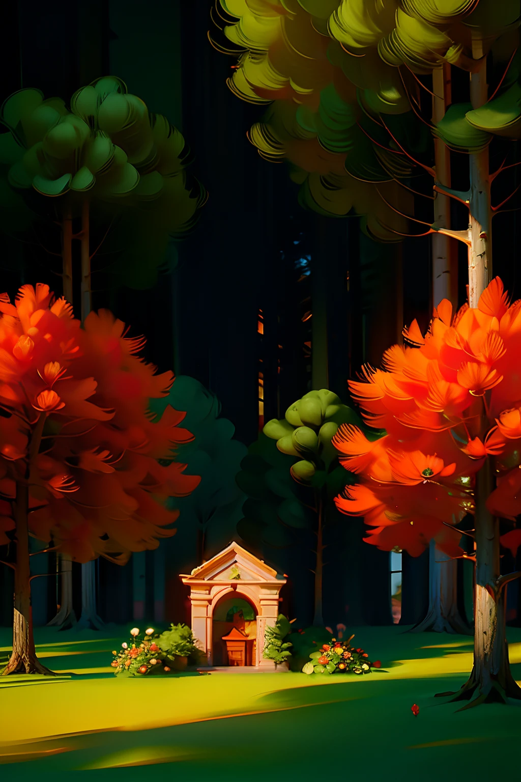 A painting of a springtime landscape, green trees and flowers, with a four-sided red brick tomb, midday light.