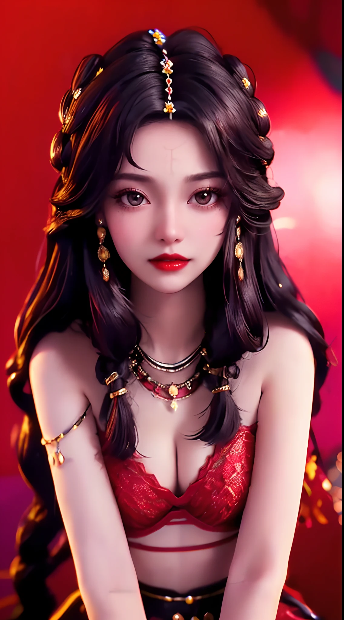 1 beautiful and sexy 20-year-old girl, adult, ((wearing a red push-up bra with black trim and low-cut chest:1.6)), dress with diamonds, ((long purple-black hair:1.6)) , bangs, elaborate jewelry made from gems and beautiful hair, ((wearing a black lace necklace:1.4))), noble style of an extremely beautiful girl, super cute small face, very pretty face, sparse eyebrows, flawless beautiful face, ((black eye pupils: 0.8)), ((very beautiful black eyes: 1.6)), beautiful makeup and detailed hairdo , eyelashes, wet eye makeup, high nose, earrings, red lips, ((closed mouth: 1.5 )) beautiful lips, slim hands, rosy face, clean face, flawless beautiful face, smooth white skin, (super big and round breasts:1.8), beautiful breasts, perfect body, (((sitting position, leaning back and arms behind: 1.5))), ((chest out: 1.5)), don't be shy, 8k photo, super high quality, surreal, pixelated super 10x, optical, bright studio, bright edges, two-tone lighting, (high detail skin:1.2), super 8k, soft light, high quality, volumetric lighting, optical, resolution high optical resolution, lighting, best photo, 4k, 8k quality, blur effect, smooth sharpness, 10 x pixels, ((flower red background:1.5)), aurora, lightning, supermap realistic graphics, most realistic graphics, alone, solo, Extremely sharp, surreal images, (((frontal portrait: 1.4)))."