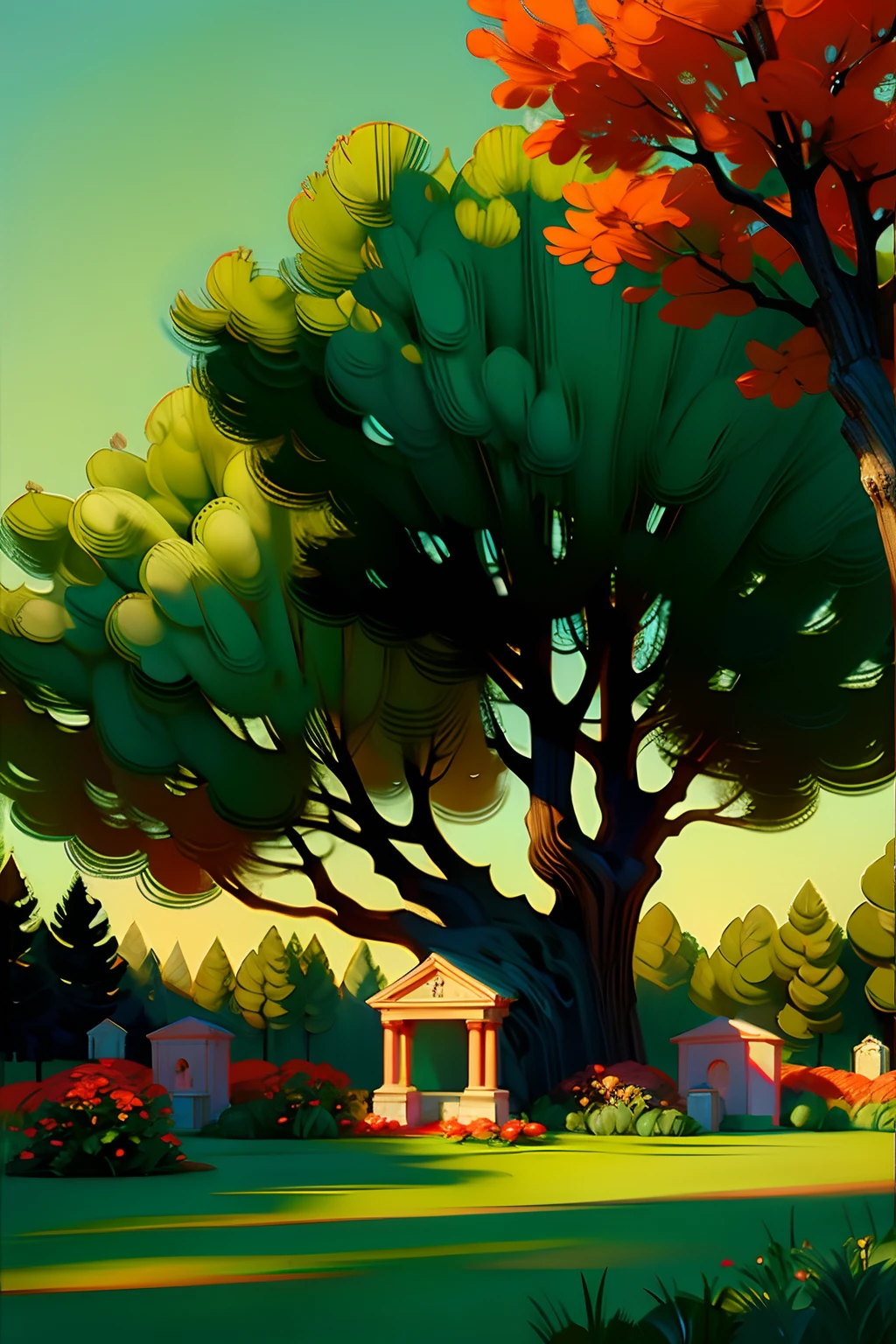 A painting of a springtime landscape, green trees and flowers, with a four-sided red brick tomb, midday light.