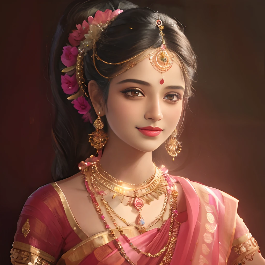 a beautiful indian girl, beautiful detailed eyes, beautiful detailed lips, extremely detailed eyes and face, long eyelashes, intricate jewelry, sari, warm lighting, photorealistic, 8k, high quality, masterpiece, cinematic composition, dramatic lighting, vivid colors, detailed background, lush foliage, ornate architecture