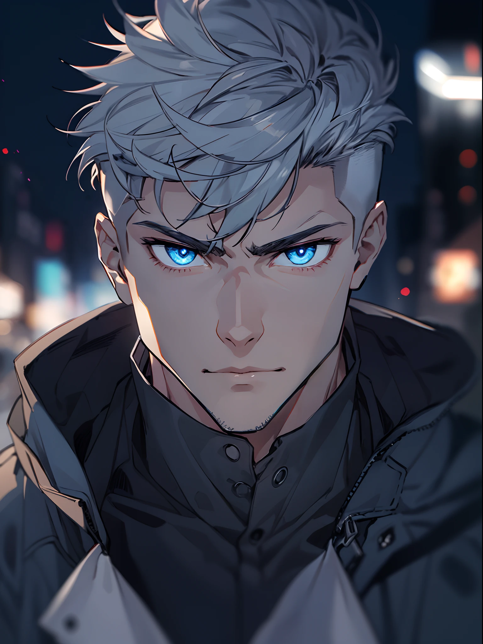 (masterpiece, best quality: 1.2), 1boy, solo, (toned mature male: 1.2), facing viewer, ultra detailed, 8k, high res, (detailed male upper body portrait: 1.2),fate unlimited blade works, award winning, anatomically correct, eye focus, fate/unlimited blade works, anime style, dark-blue jacket, black shirt, covered abs, night city background, cinematic lighting, confident, manly, grey eyes, upper body, short undercut, dark hair, (dark-blue jacket: 1.15), covered abs,