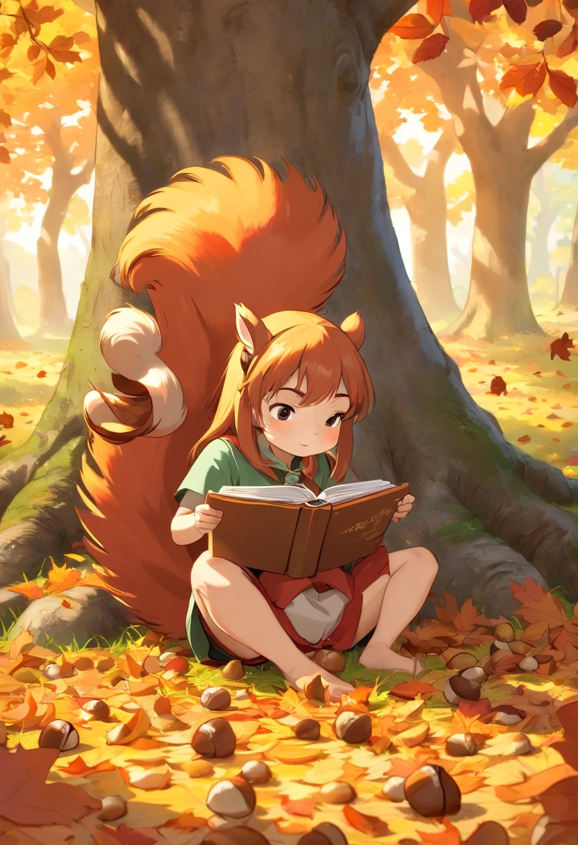 (8K, 16 K, awardwinning, of the highest quality, High resolution, super detailed, Textured skin, Anatomically correct, Photorealistic, Raw photo, masutepiece: 1.3), (1 girl), (Girl dozing off sitting on the ground under a big tree: 1.3), aerial view from above, open book, There are acorns on top of the book, (Squirrels stealing acorns: 1.5), Trees with autumn leaves々, idyllic scenery, Soothing, Autumn, leaves falling, leaning against a tree、Hand Details、finger detailed、A detailed face