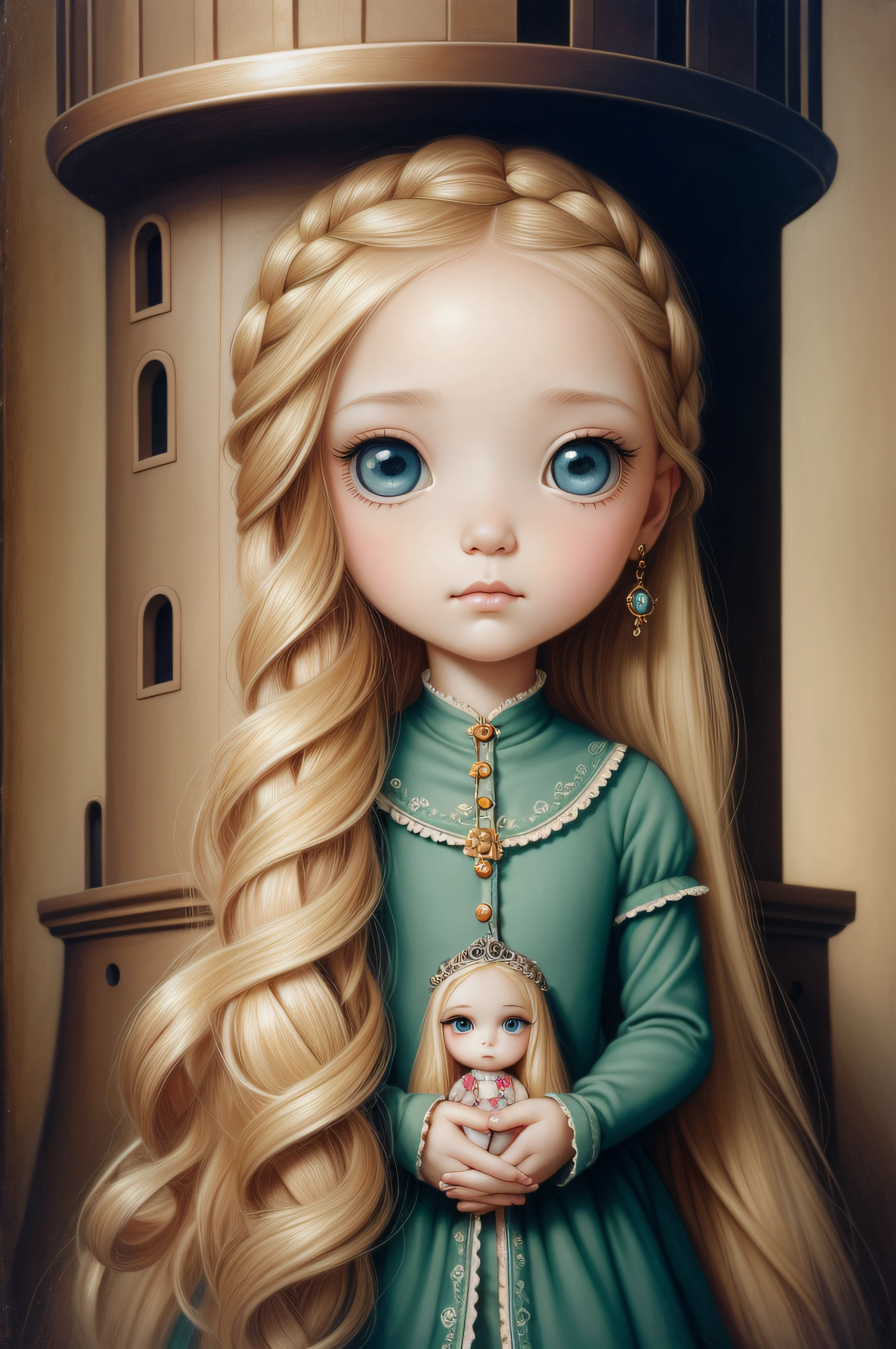 A close-up of a girl with long blonde hair holding a bird, Estilo de Mark Ryden, benjamin lacombe, Mark Ryden en el estilo de, Inspirado en Nicoletta Ceccoli, Mark Ryden muy detallado, Surrealismo pop Lowbrow Art Style, Estilo Mark Ryden, Estilo de arte surrealismo pop, Surrealismo pop, por Nicoletta Ceccoli