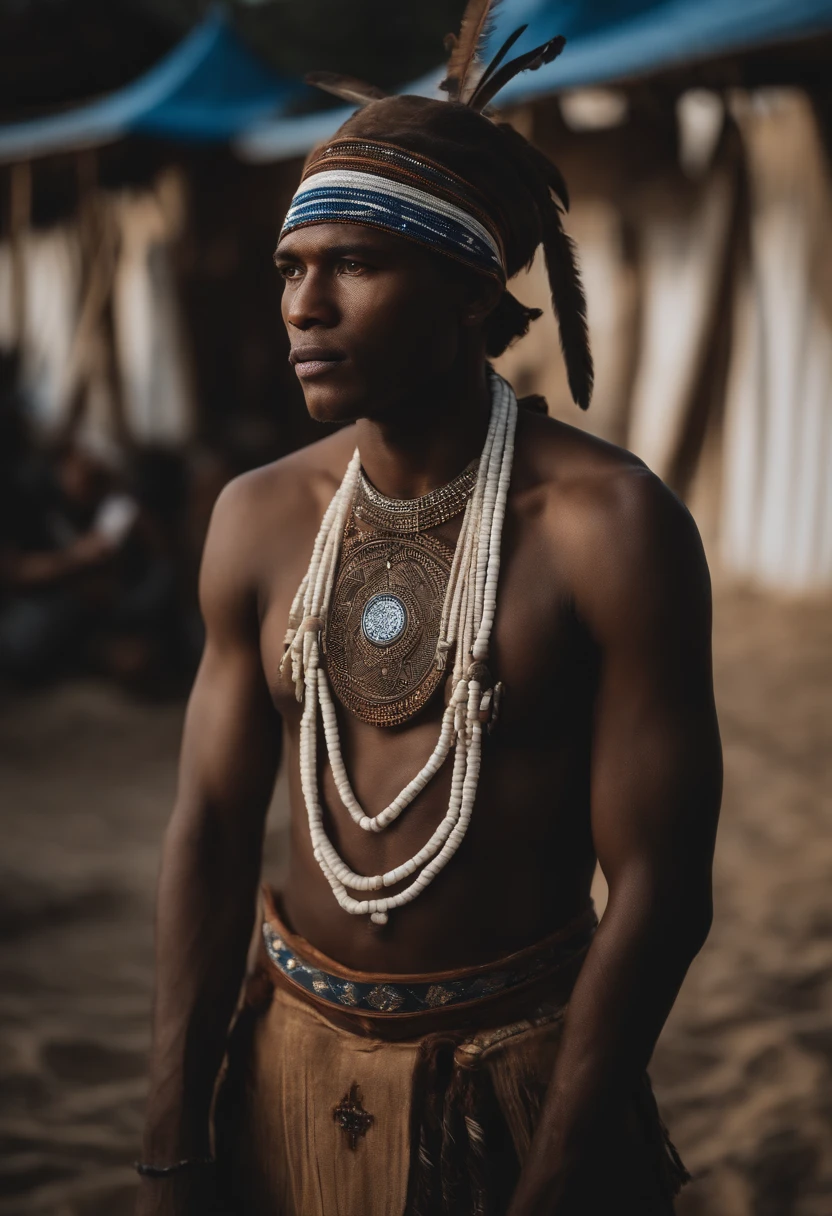 CABOCLO ogum 7 espadas, mestizo black man, indio, adornos tipicos indigena,vestindo um ade de penas azuis e brancas. intrincado, entidade da umbanda, rosto pintadio azul e branco e branco, olhar penetrante, cosmic god,
