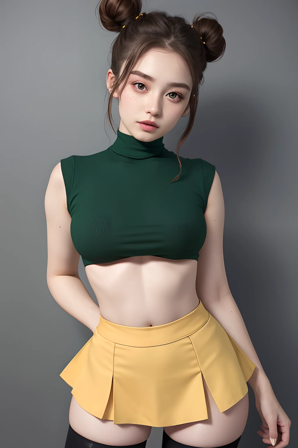 a beautiful 17yo irlandia woman, underboobs, high waist short skirt , thighhighs, bun hair