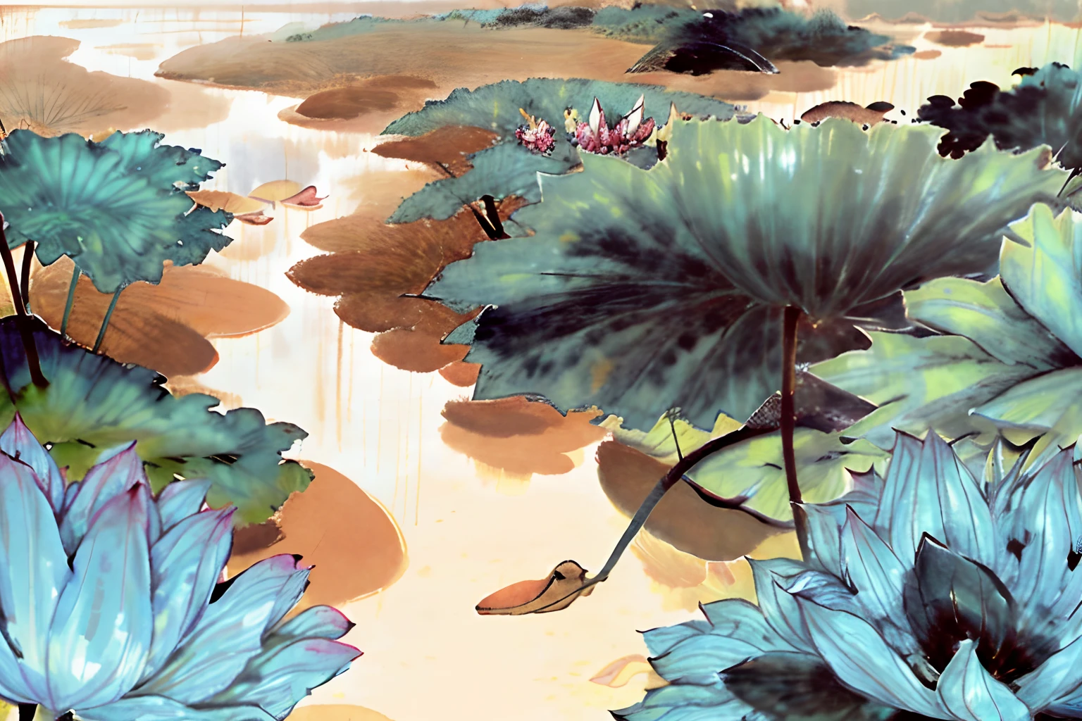 a fog, a bird, lotus, pond, running water, trees, high quality, high res,