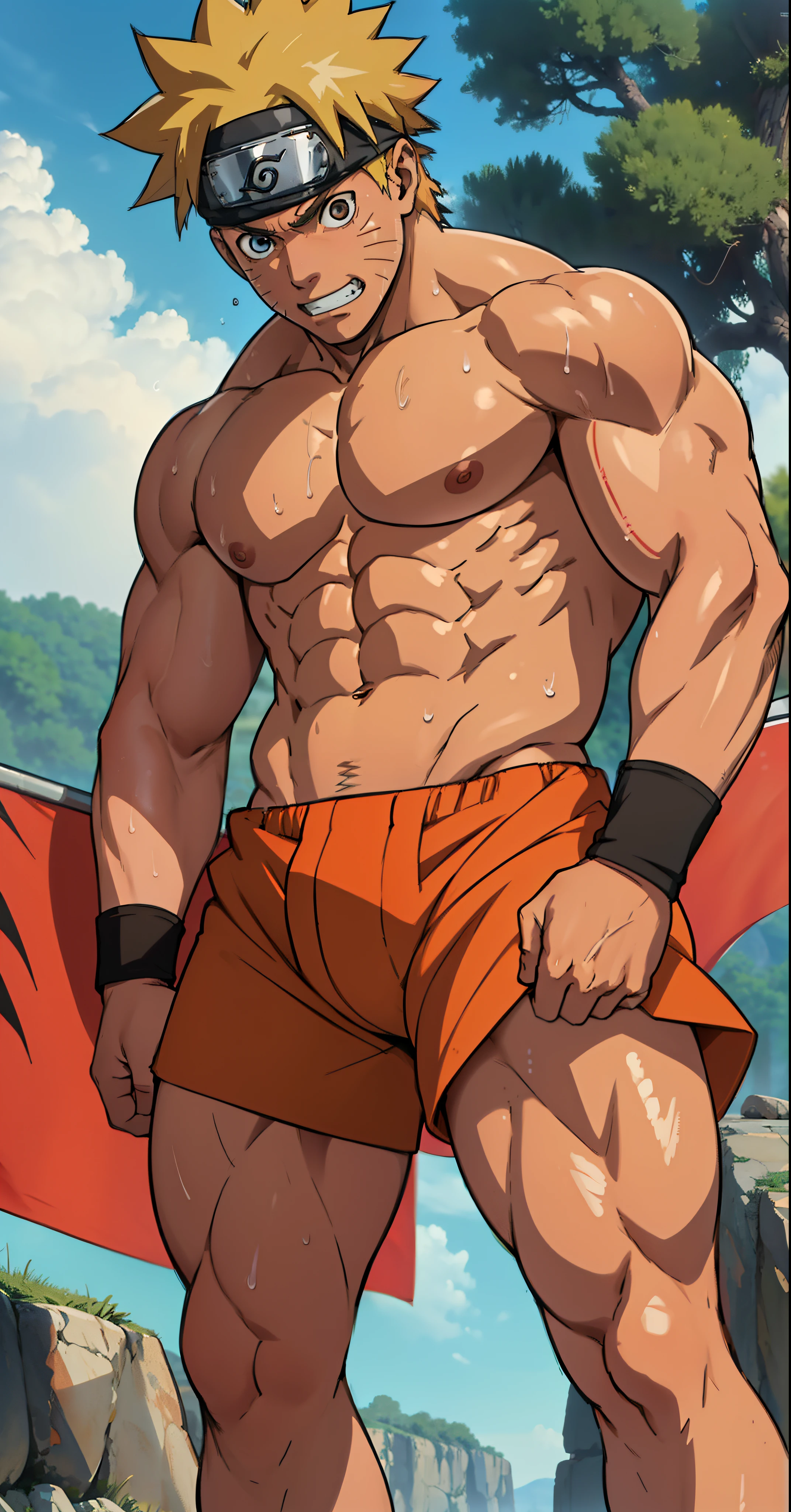 (Full body) (photo subject: Close-up of muscular thigh muscles ) (photo angle from bottom up)(Drawings of Naruto anime) (photo angle from the ground upwards) [Anime photo][highest quality photo][4k,HD photo quality ] wear tight and short loincloths   (muscular thigh muscles, firm thigh muscles, muscular thigh muscles, sinewy thigh muscles, giant thigh muscles, strong leg muscles, muscular hamstring leg muscles) ,Uzumaki Naruto fun, happy,bodybuilder,bodybuilding, standing, red skin, pink skin, tanned skin,reddish brown skin, lots of sweat flowing down, topless, shirtless, hot sunny, (do not wear banners,do not wear headbands)