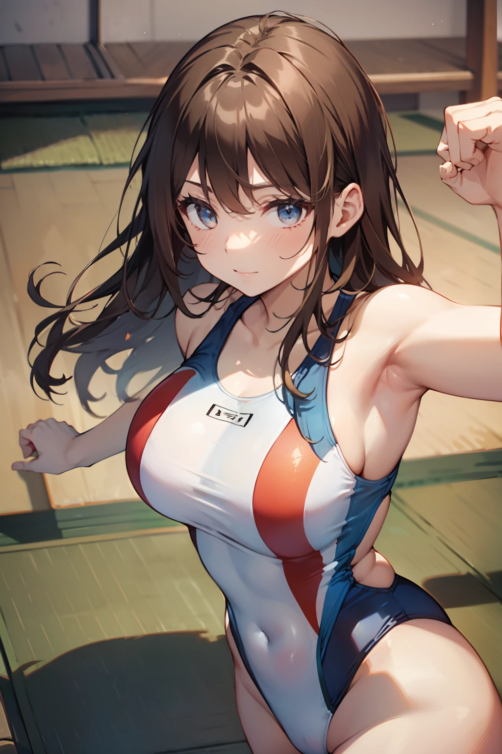 top-quality、Full limbs、complete fingers、Slender beauty、straight haired、Brown hair、Raw feet、((Red competition swimsuit with blue and white lines))、((Karate stance))、Beautiful Large Breasts、((Karate Dojo))、Tatami mats