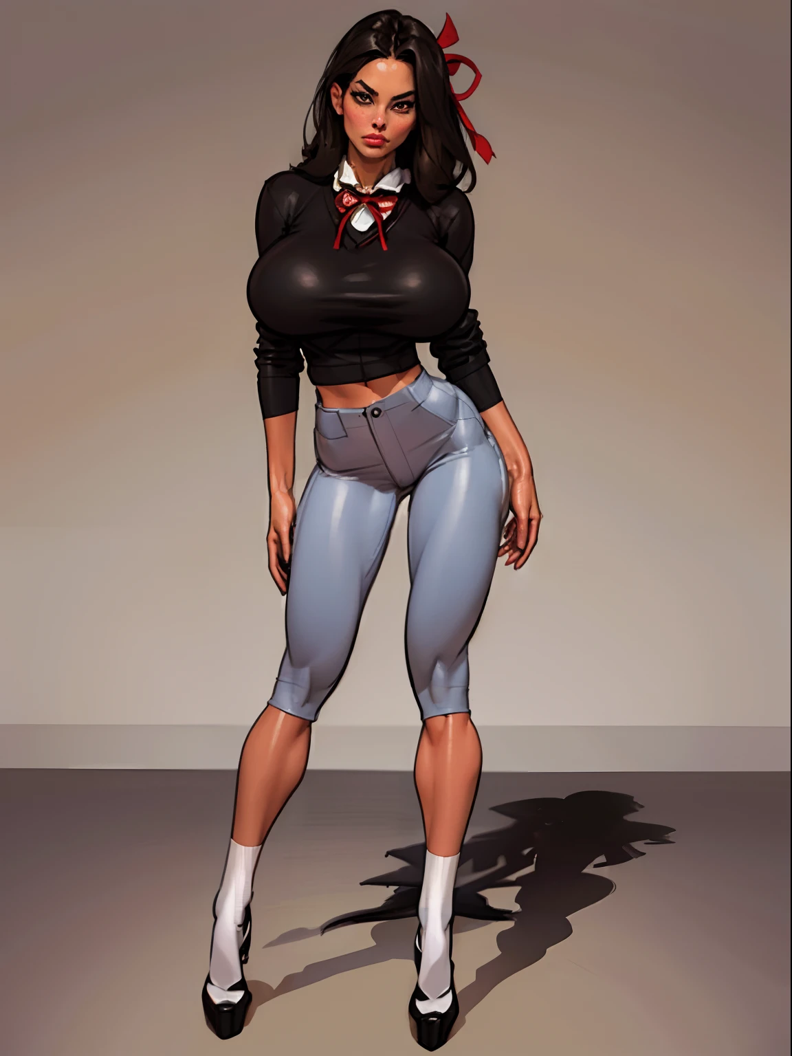 Lonely young girl, Tall stature, large chest, closed mouth, asian face: brown eyes; black hair; sharp facial features; dimple on the chin; asian; ; pronounced high cheekbones; high forehead, stands upright, (gigantic breasts:1.4), detailed face, school uniform: large ribbon; pants, Full-length painting, white crew socks, black heels, big eyes, Thepit style